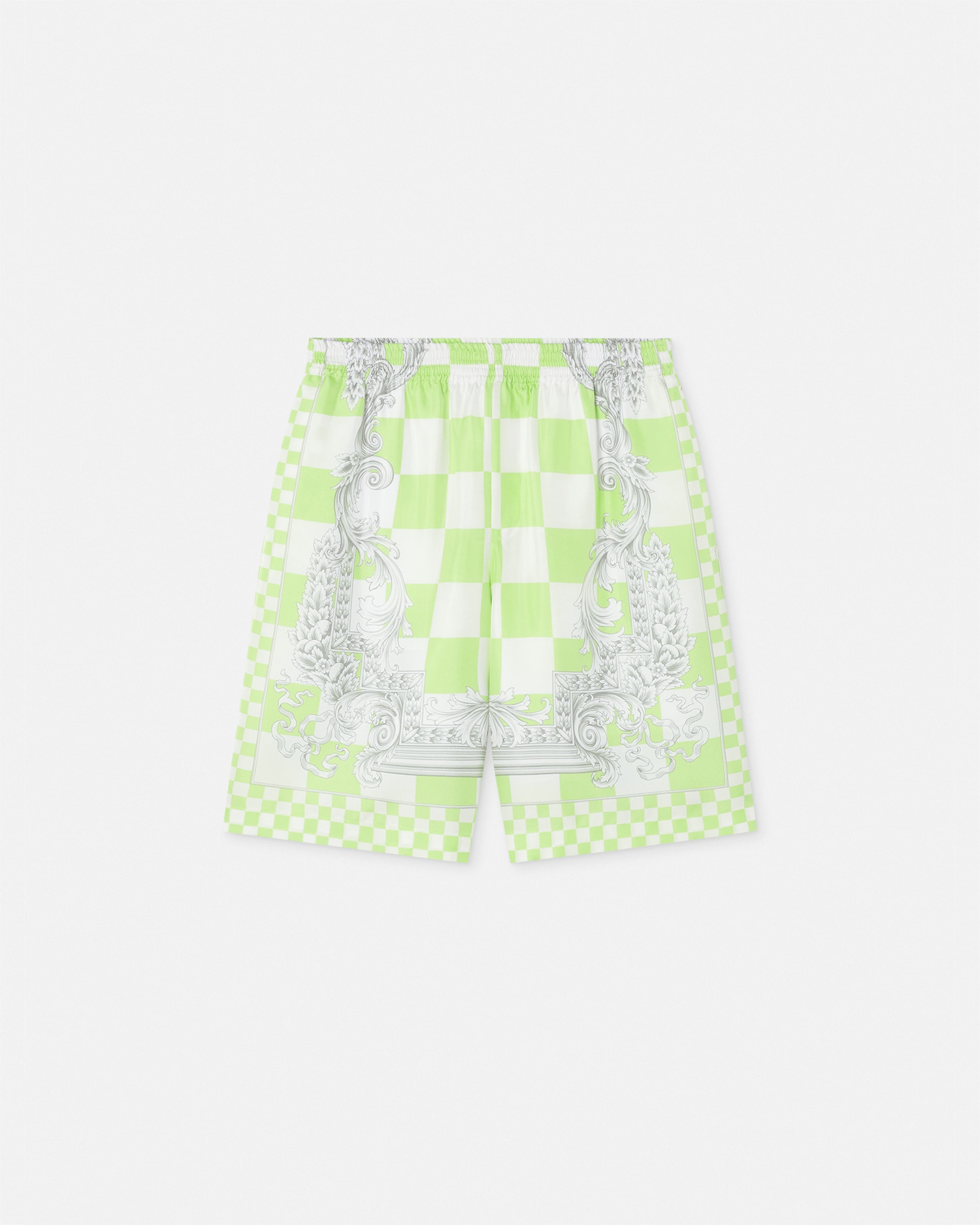 Versace Silk Medusa Shorts With Elastic Waistband In Green+print