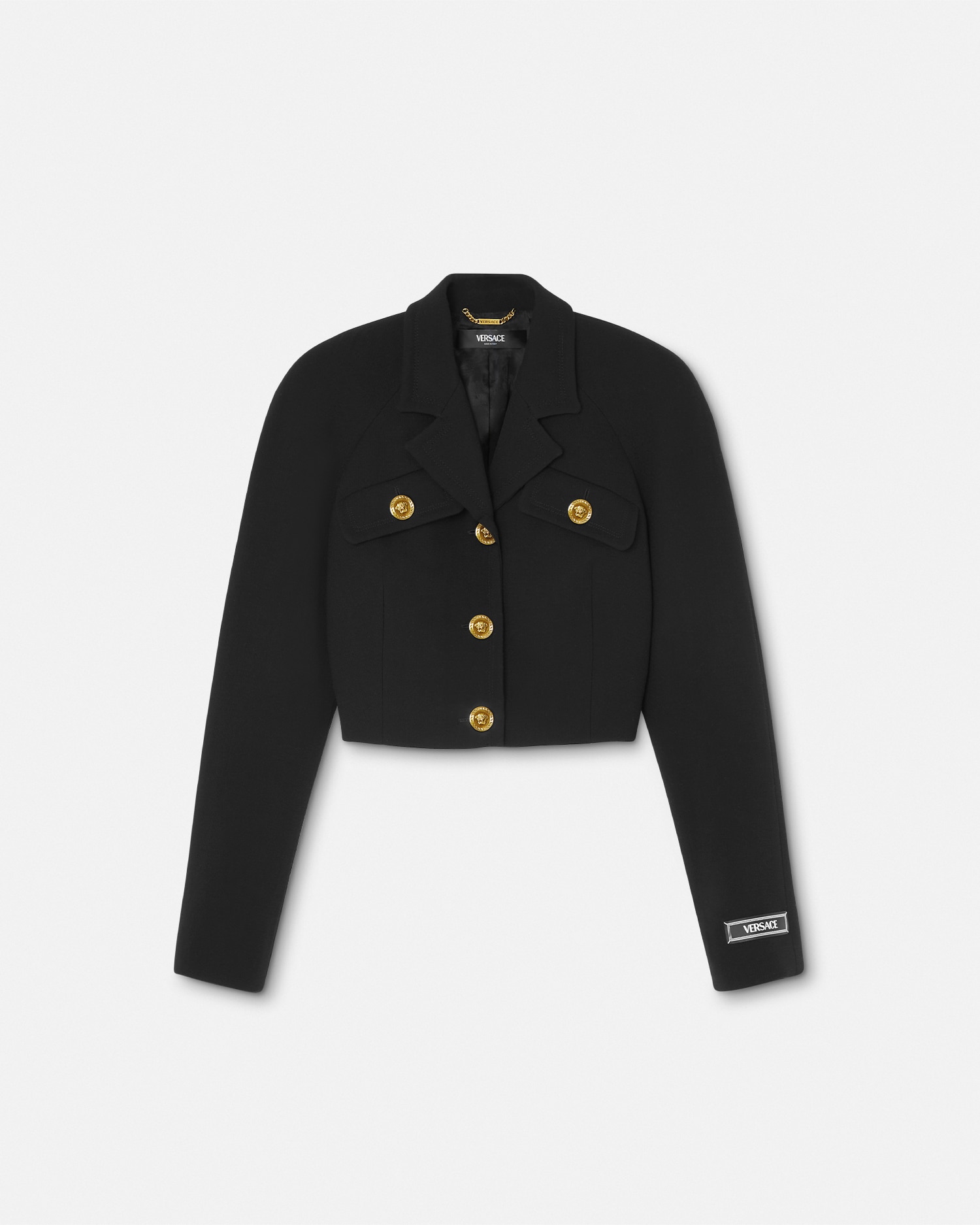 Versace Wool-blend Crop Raglan Jacket In Black