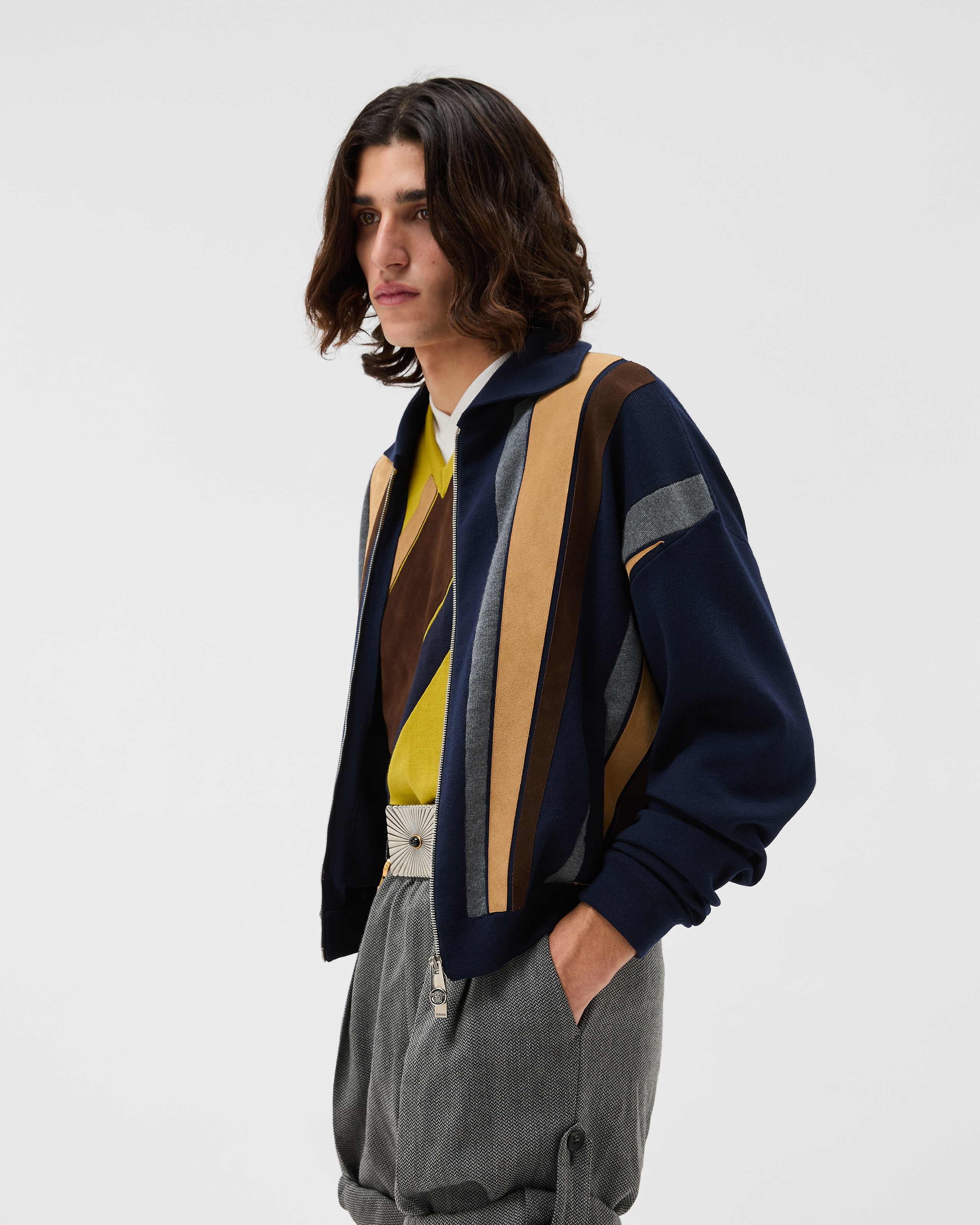 Intarsia-Wool & Leather Patchwork Zip Sweater Blue | VERSACE US