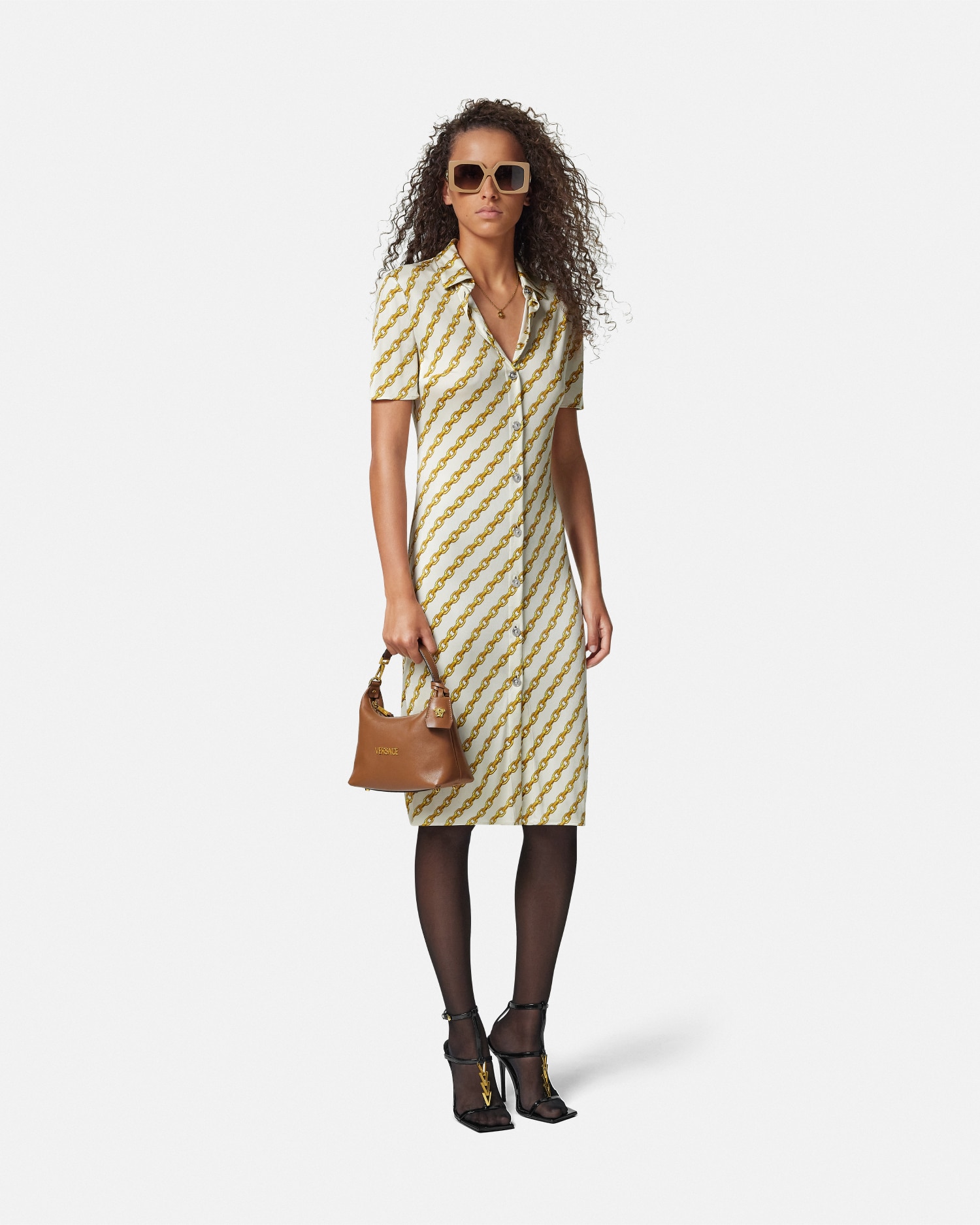 Versace Chain Stripes Fitted Midi Shirt Dress In Print