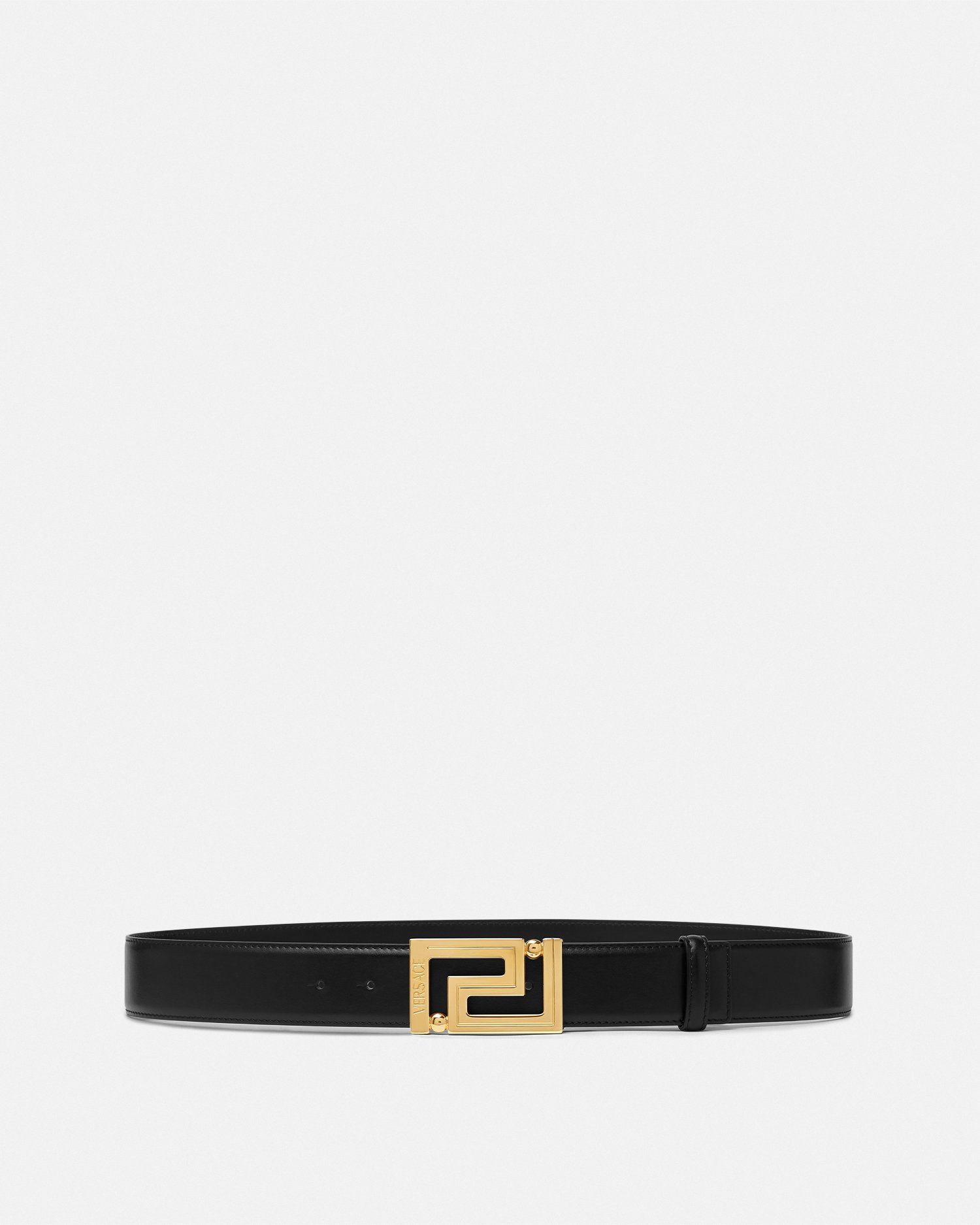 Versace Greca Leather Belt In Black+gold