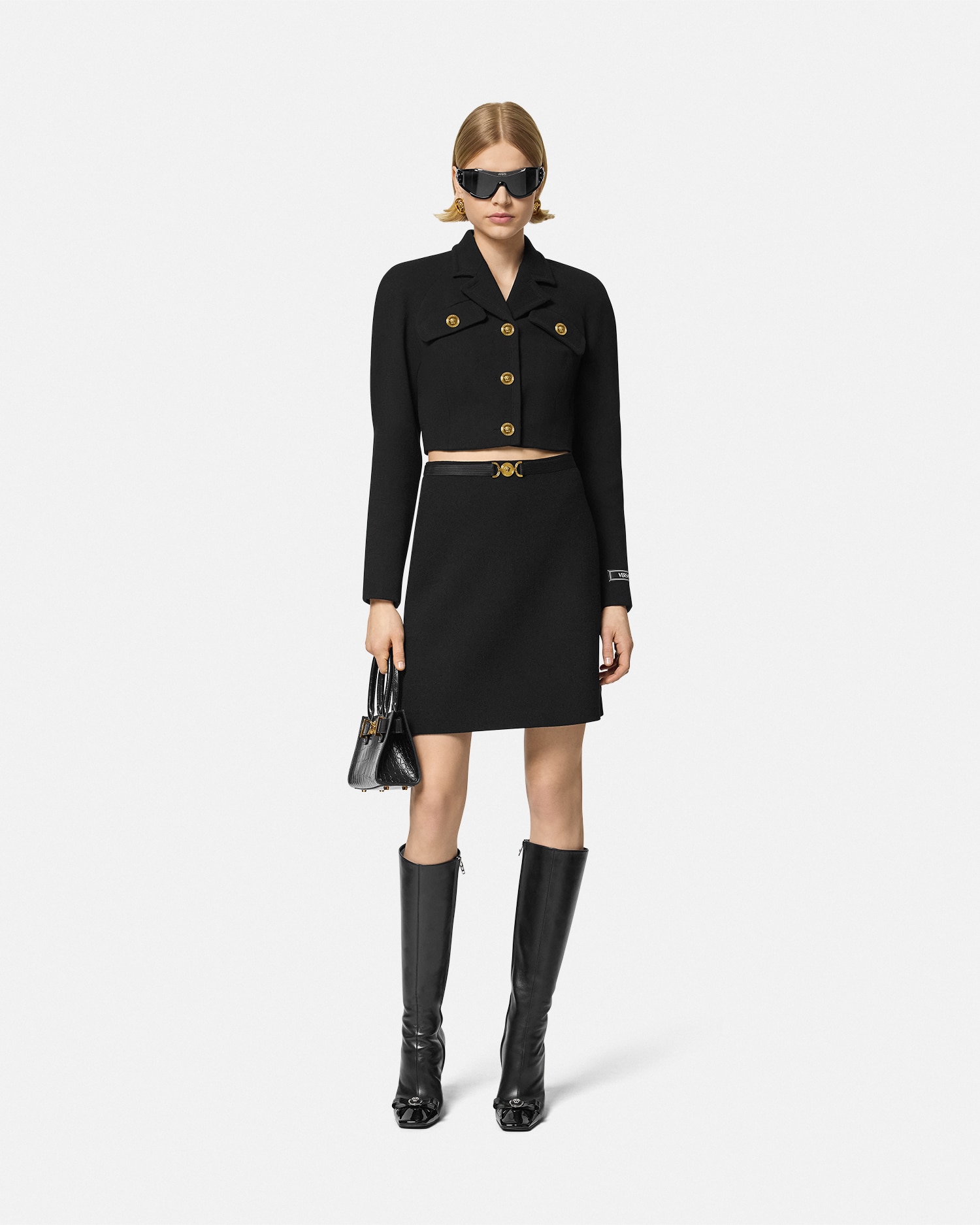 Versace Single-breasted Stretch Crepe Crop Informal Jacket In Black