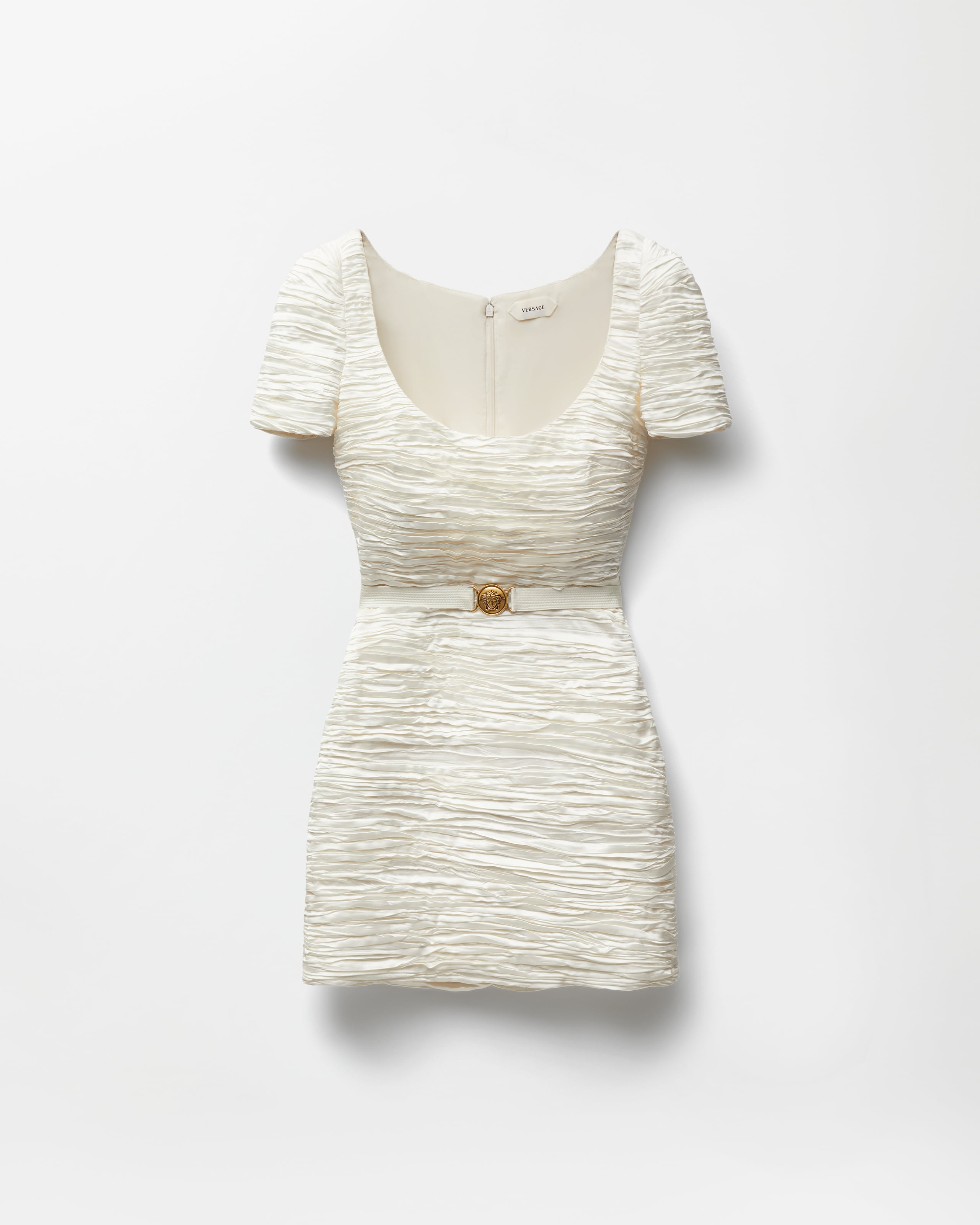 Versace Silk Satin Draped Mini Dress In White
