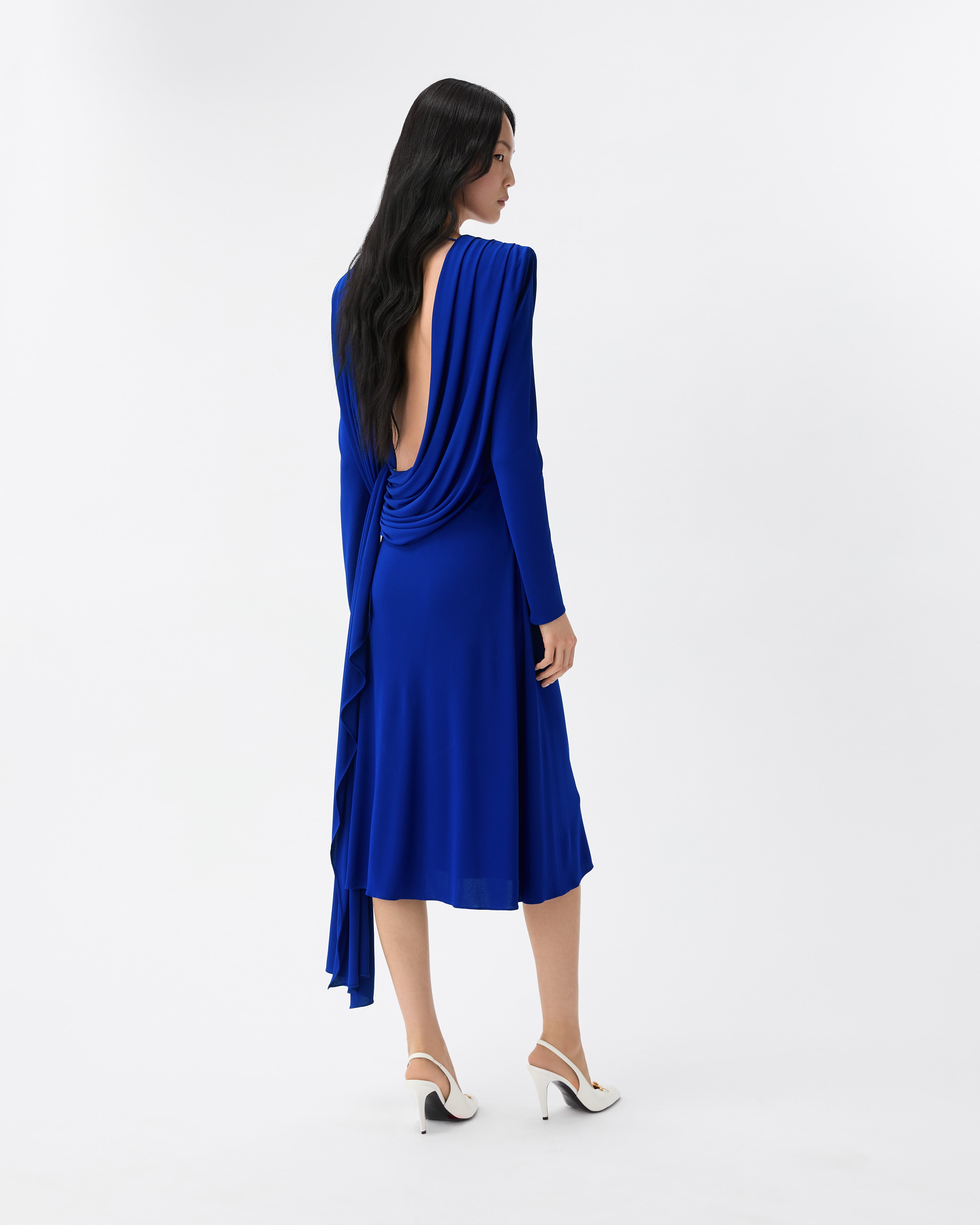 blue jersey dress long sleeve Viscose Crêpe sleeved cocktail midi dress