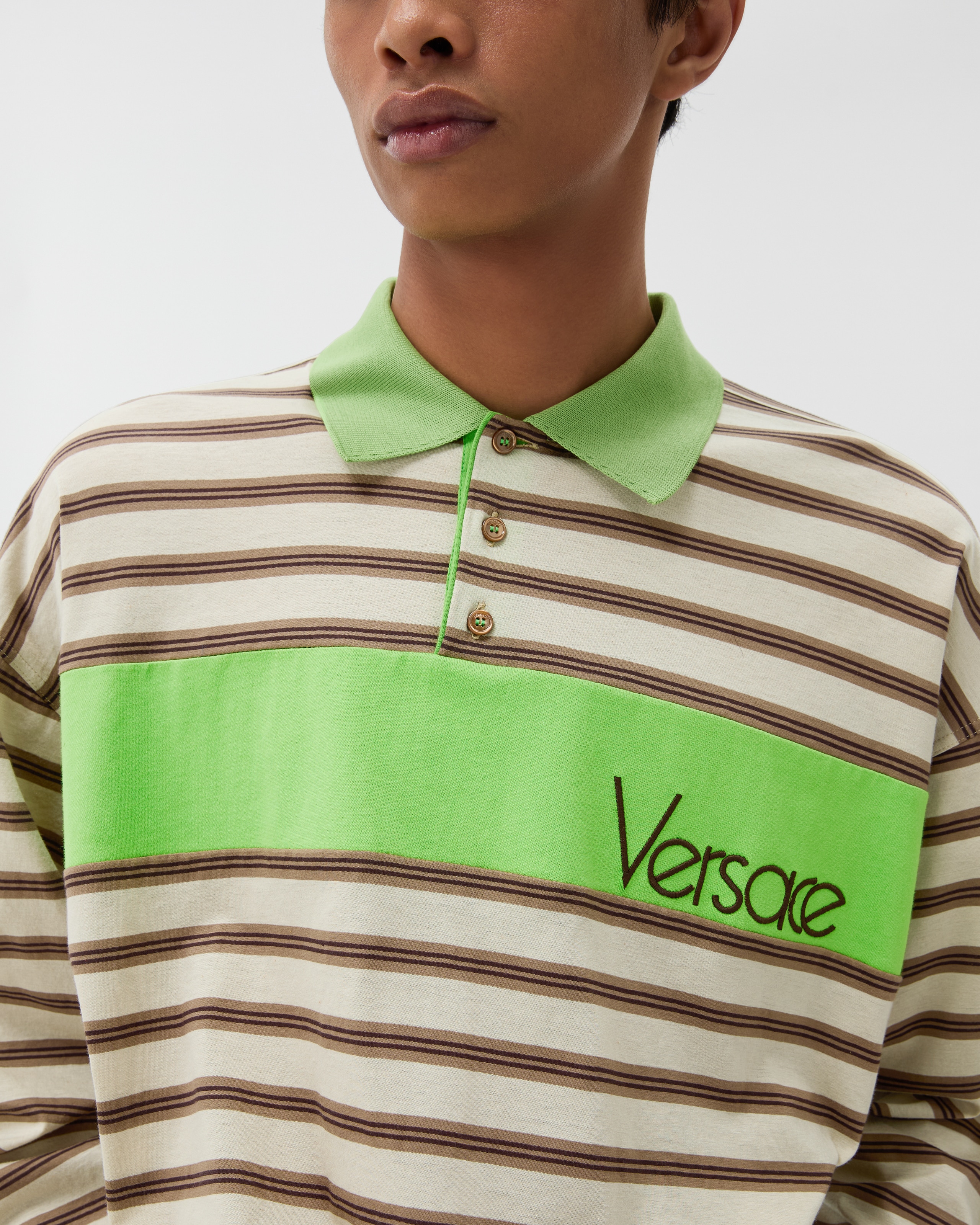 Embroidered Logo Striped Intarsia Cotton Polo Green,Brown | VERSACE US