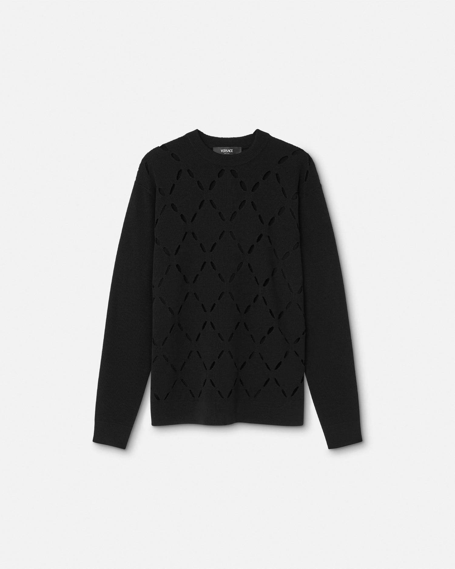 Versace Slashed Merino Wool Knit Sweater In Black