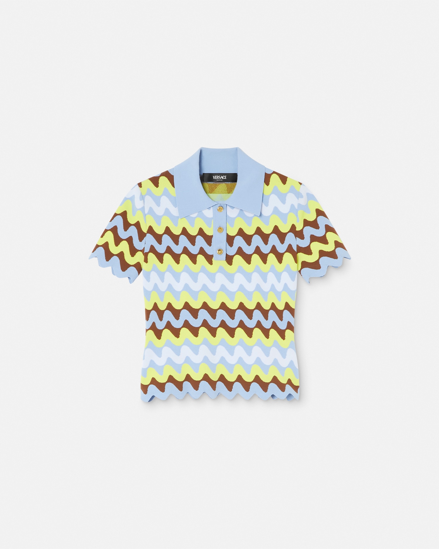 Versace Patterned Jacquard Knit Polo Sweater In Bleu Clair+multicolore