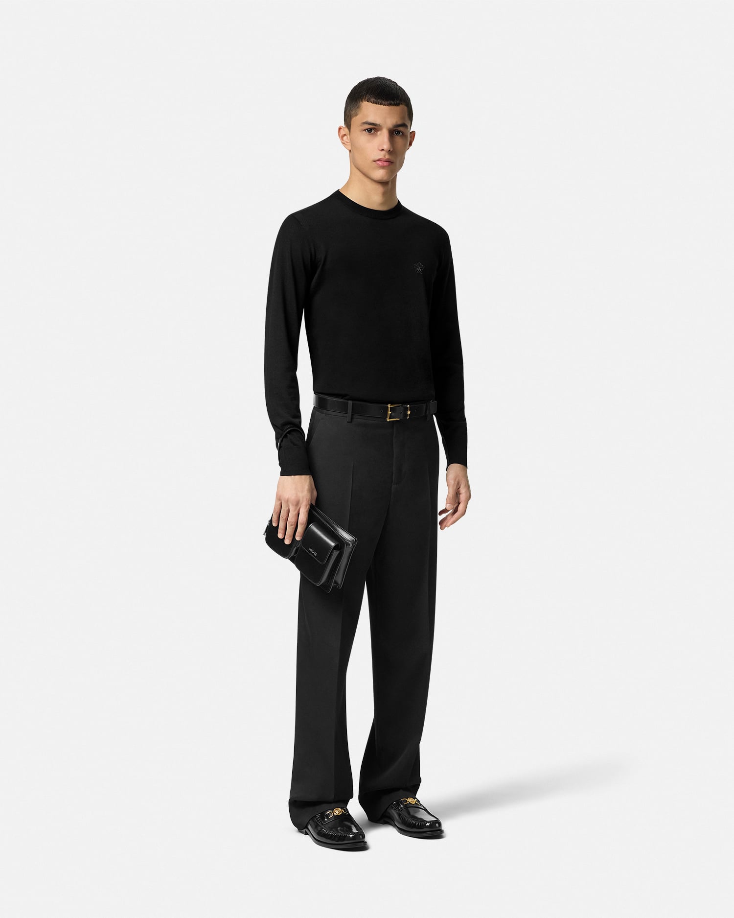 Embroidered Wool-Blend Knit Sweater Black | VERSACE US