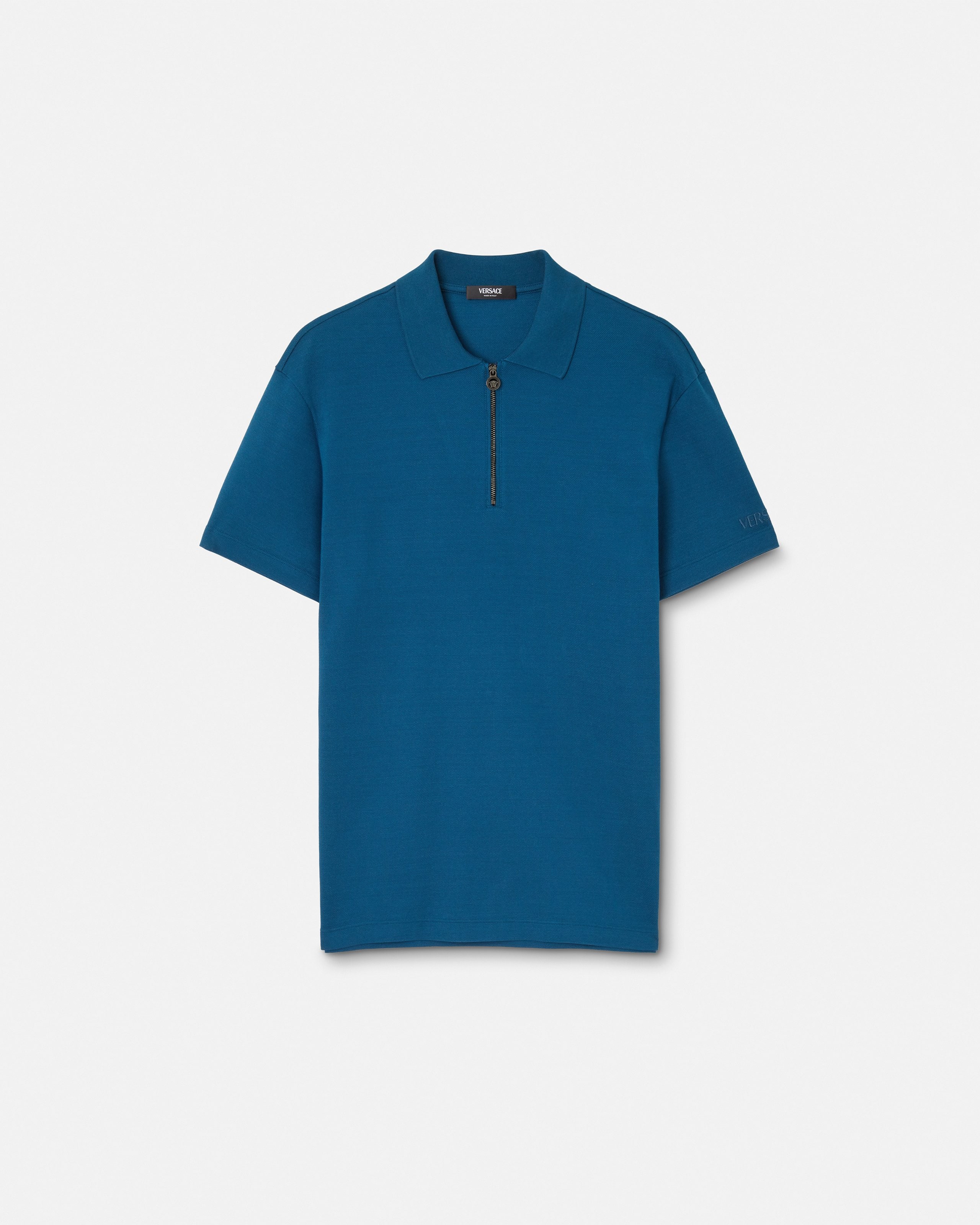 Embroidered Cotton-Piqué Half-Zip Polo Black | VERSACE US