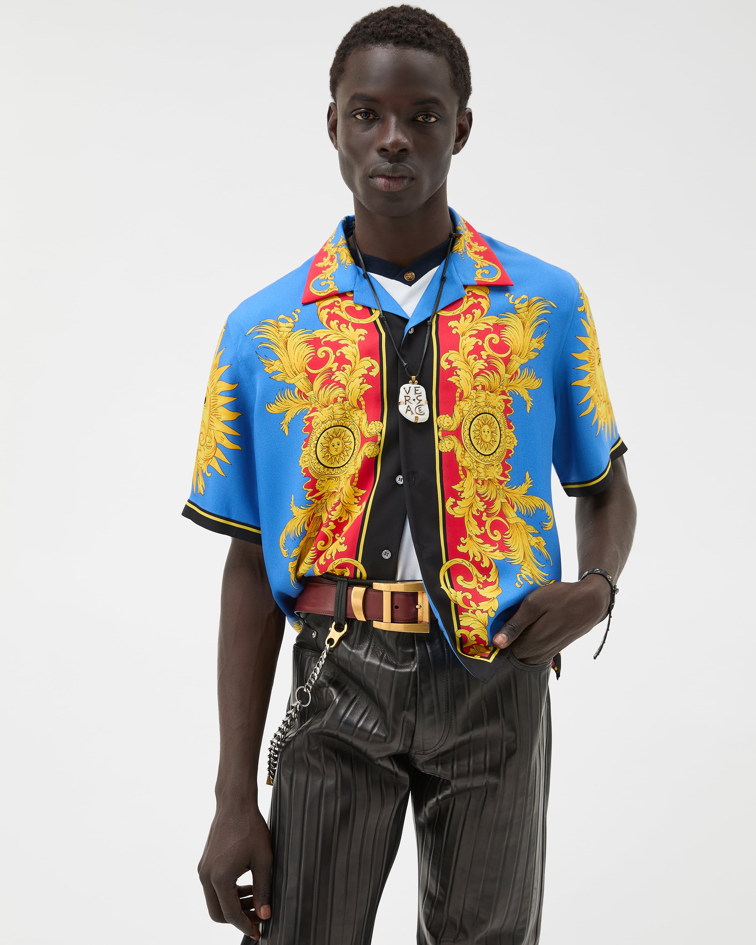 Printed Silk Twill Shirt Blue,Print | VERSACE US
