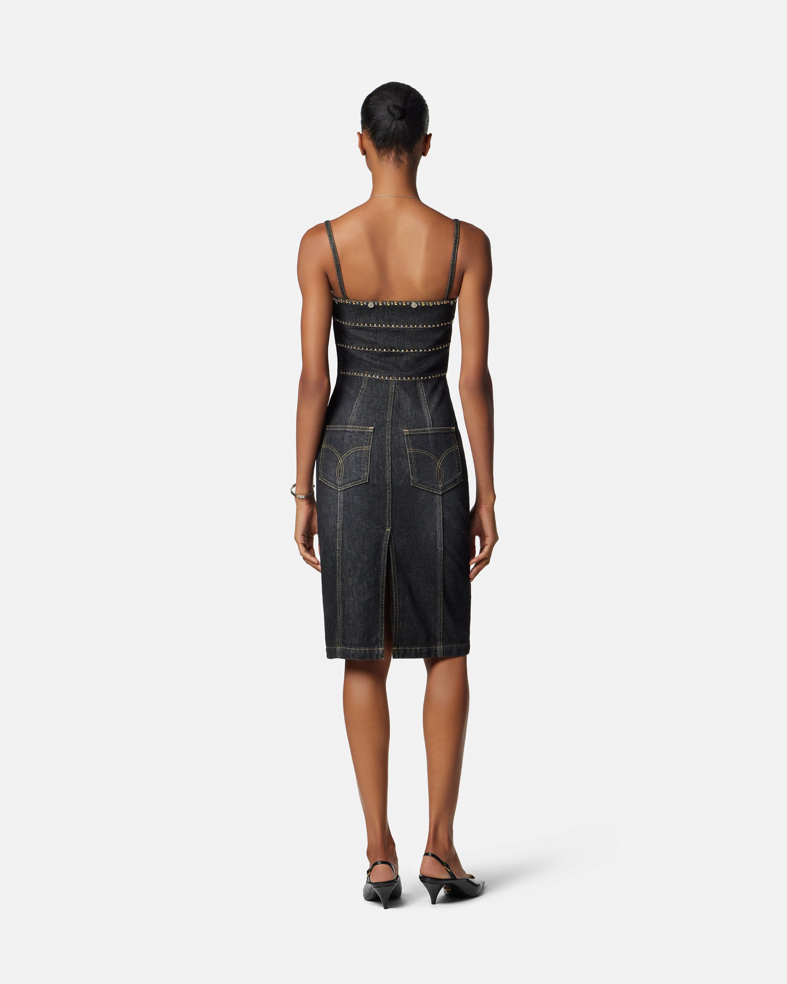 Embellished Denim Fitted Midi Dress