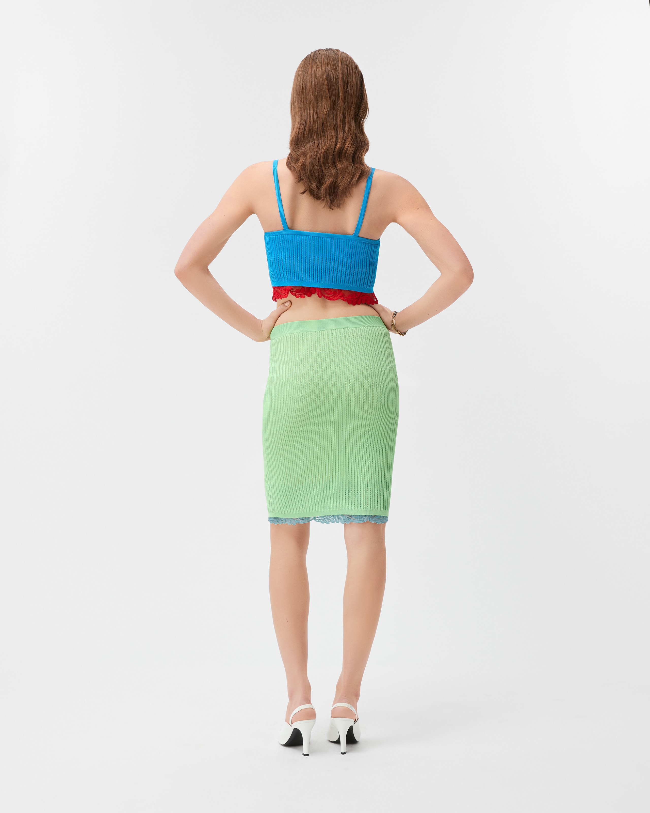 Lace-Trim Viscose-Blend Ribbed Knit Midi Skirt Green | VERSACE US