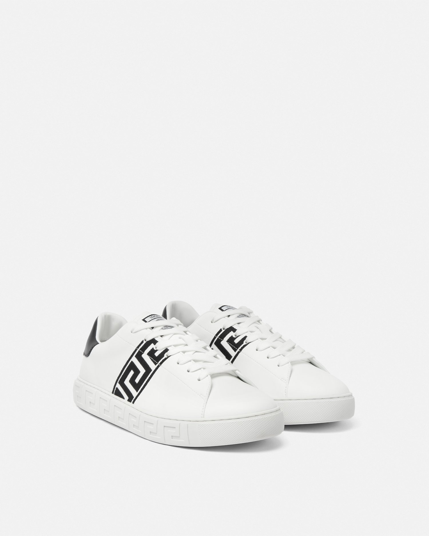 Versace White White Black Greca Embroidered Sneakers In Black+white
