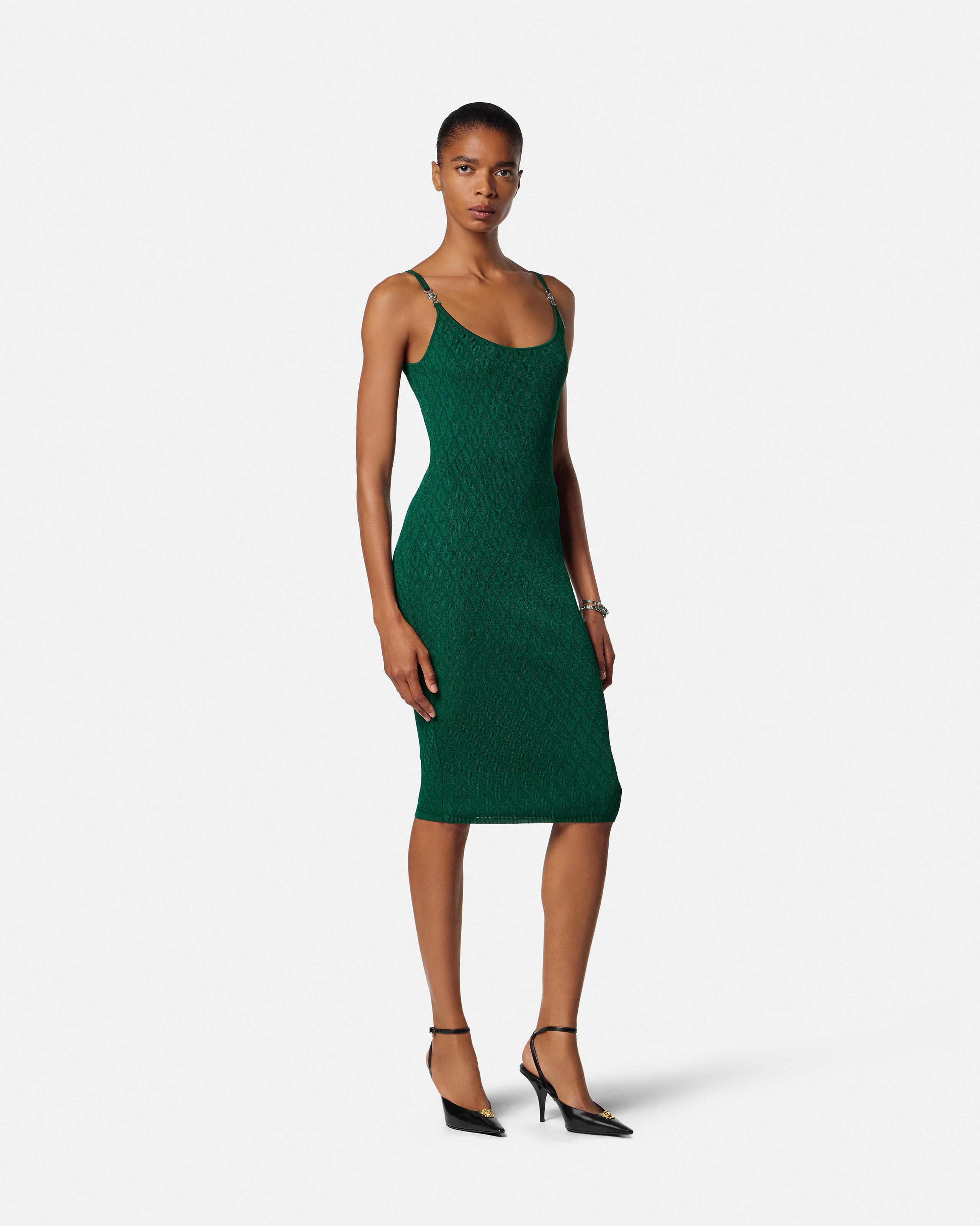 Versace V Allover Jacquard Knit Fitted Mini Dress In Green