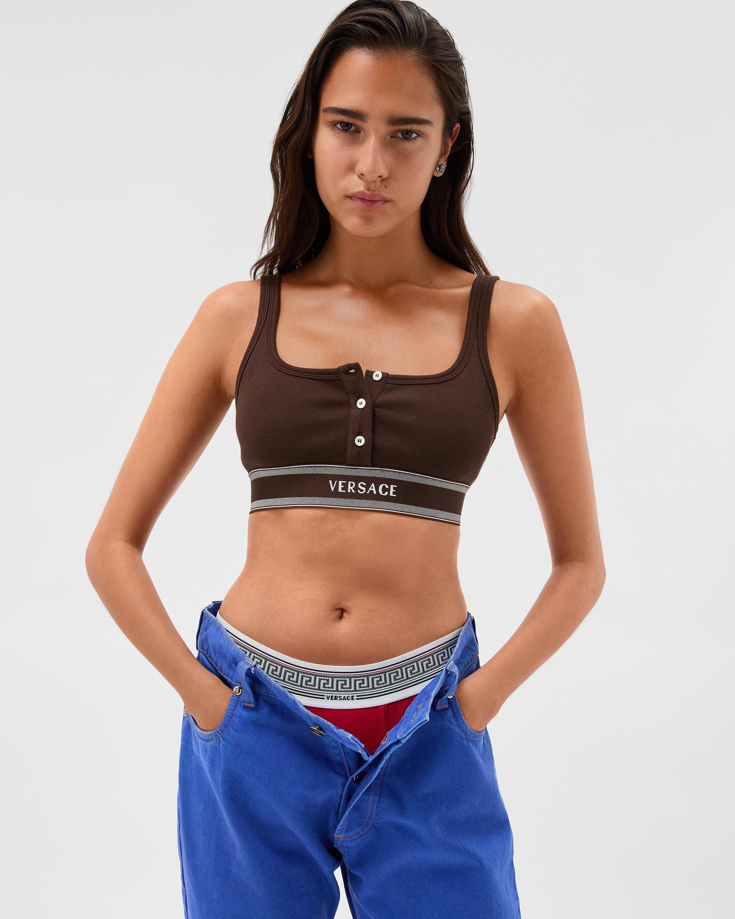 Ribbed Cotton-Jersey Bralette Brown | VERSACE IN