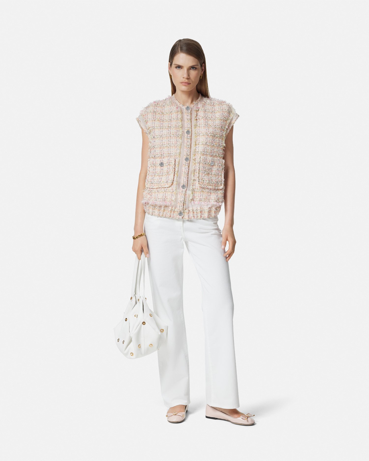 Versace Fancy Metallic Tweed Vest In Rose Clair