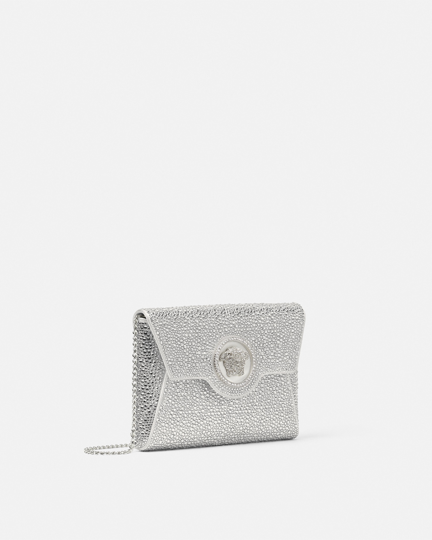 Shop Versace Crystal La Medusa Envelope Clutch In Silver