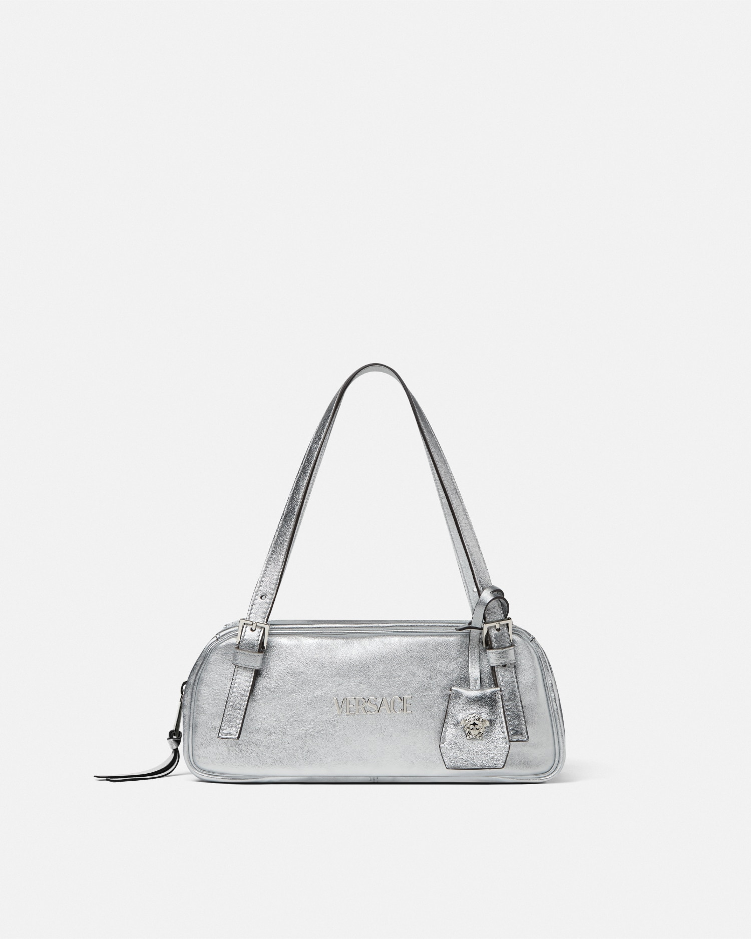 Versace Tag Bowling Metallic Shoulder Bag In Silver