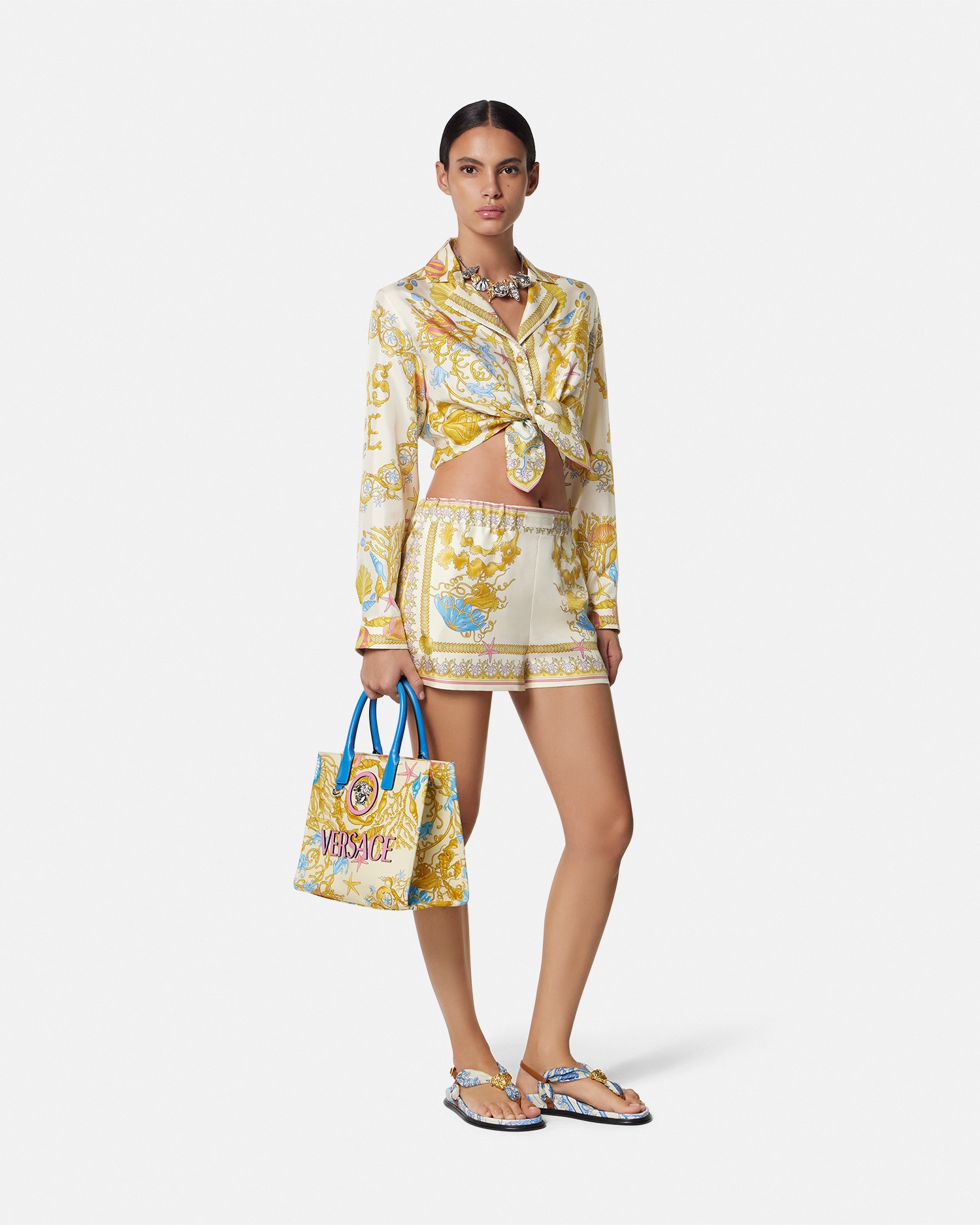 Underwater Barocco Knotted Crop Silk Shirt