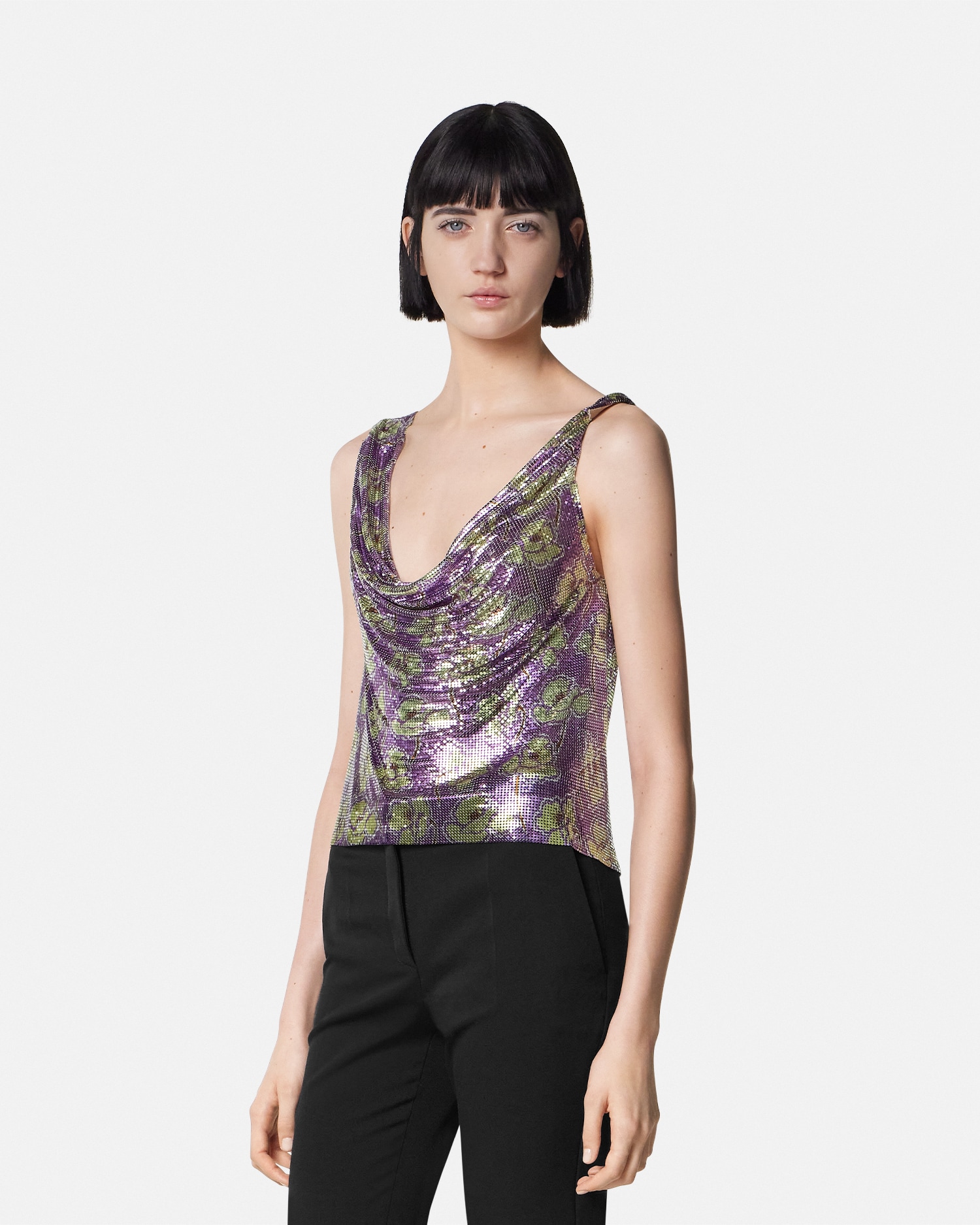 Poppies Metal Mesh Draped-Neck Top