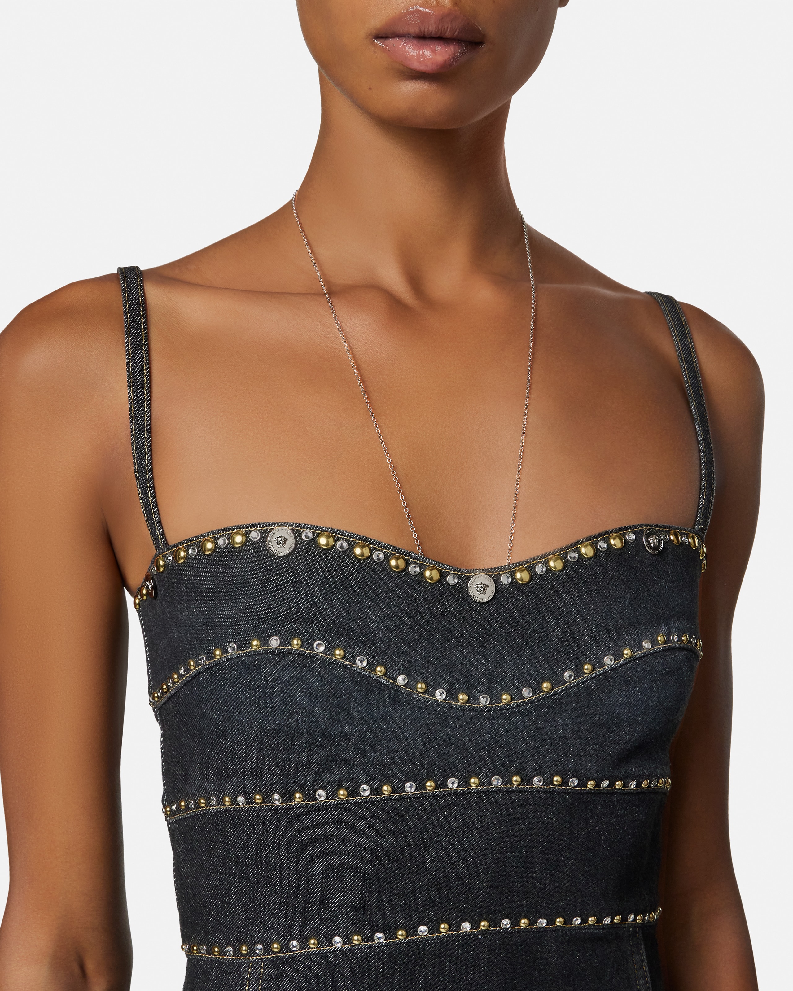 Embellished Denim Fitted Midi Dress