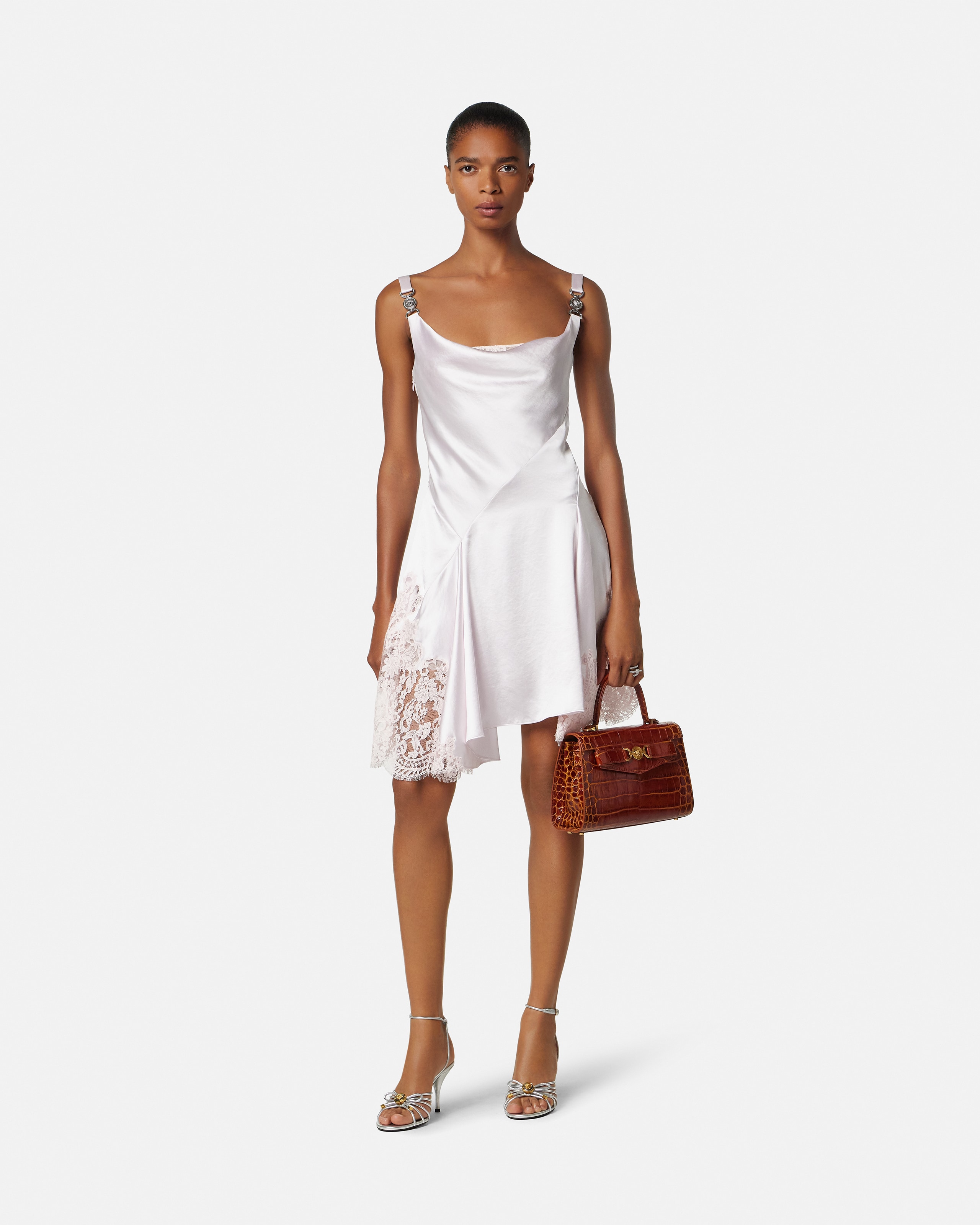 Lace-Trim Satin Mini Dress Pink | VERSACE US
