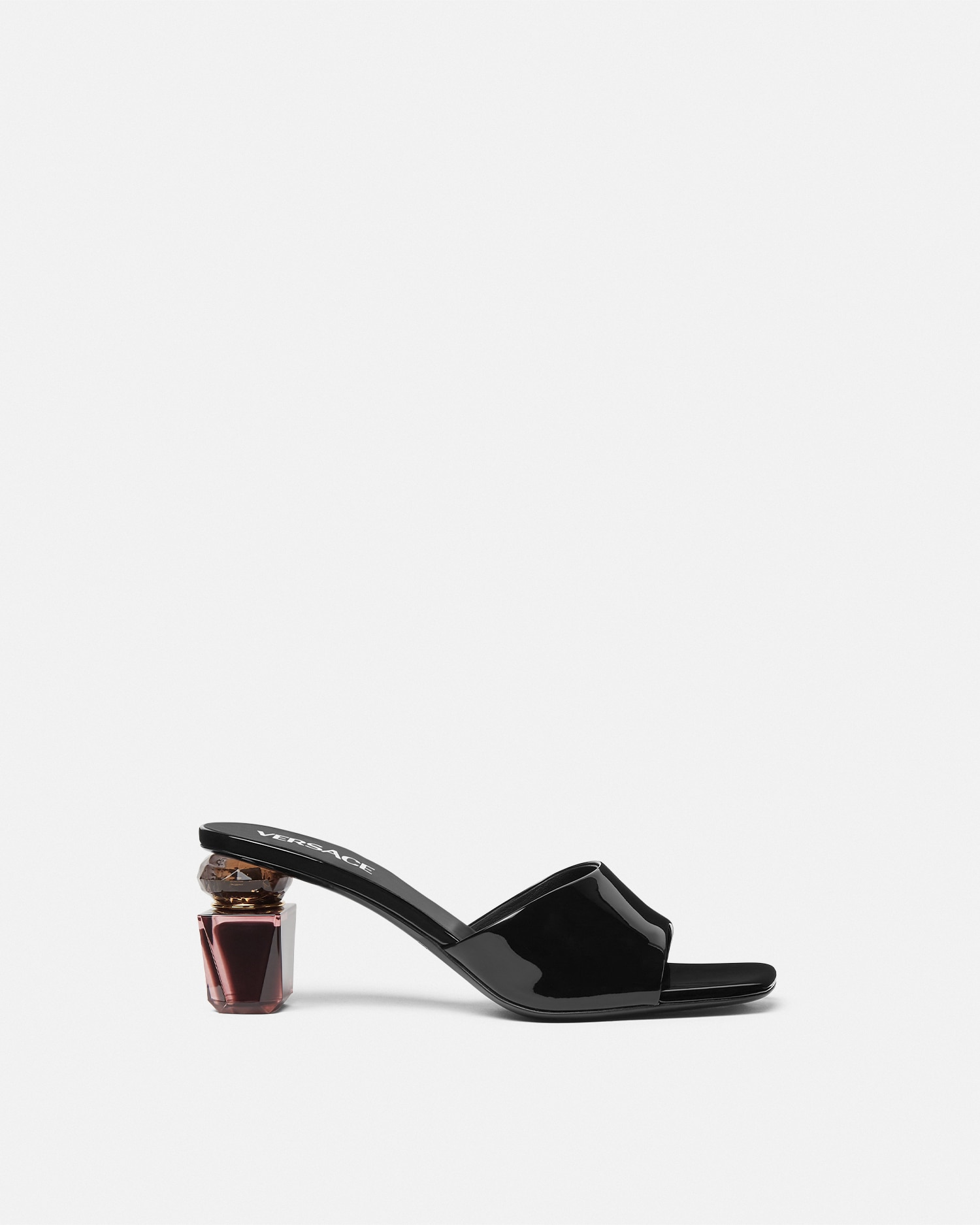 Versace Bright Crystal Patent Mules 70 Mm In Black+gold