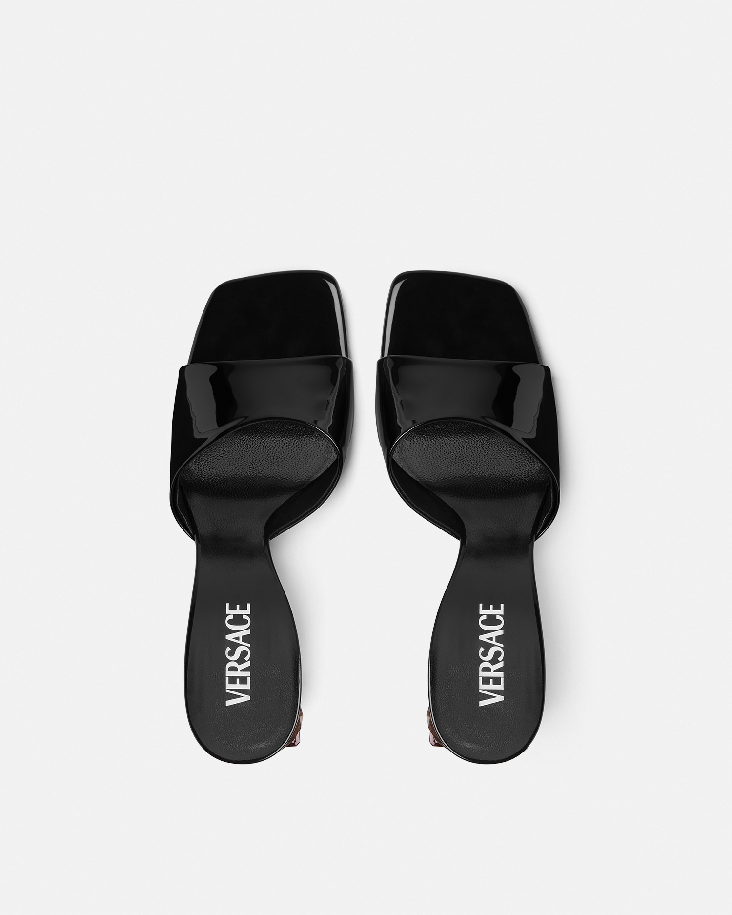 【Versace】Bright Crystal 70 パテントレザーミュール Bright Crystal Patent Mules 70 mm | VERSACE US