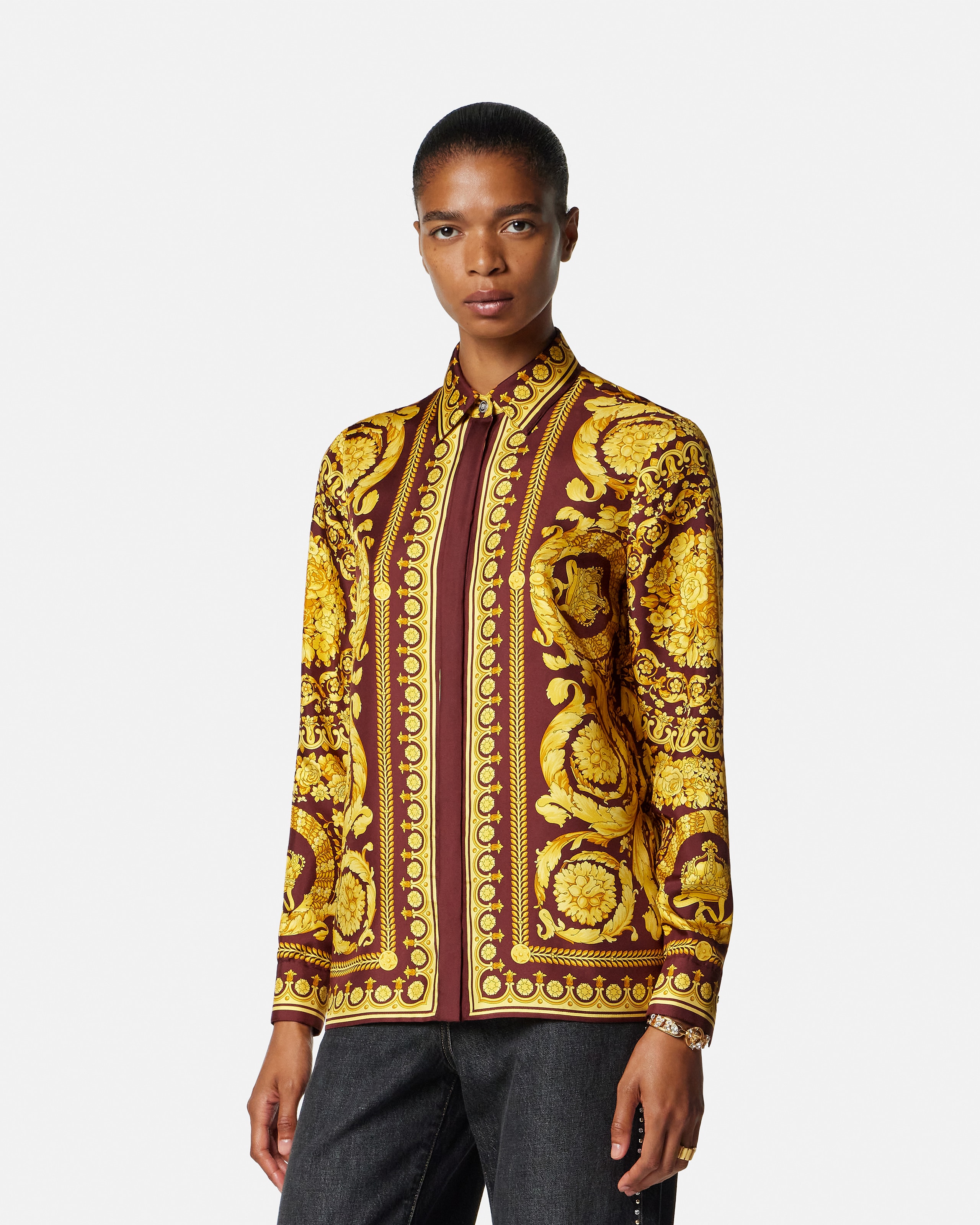 Printed Silk Shirt Burgundy,Gold | VERSACE US