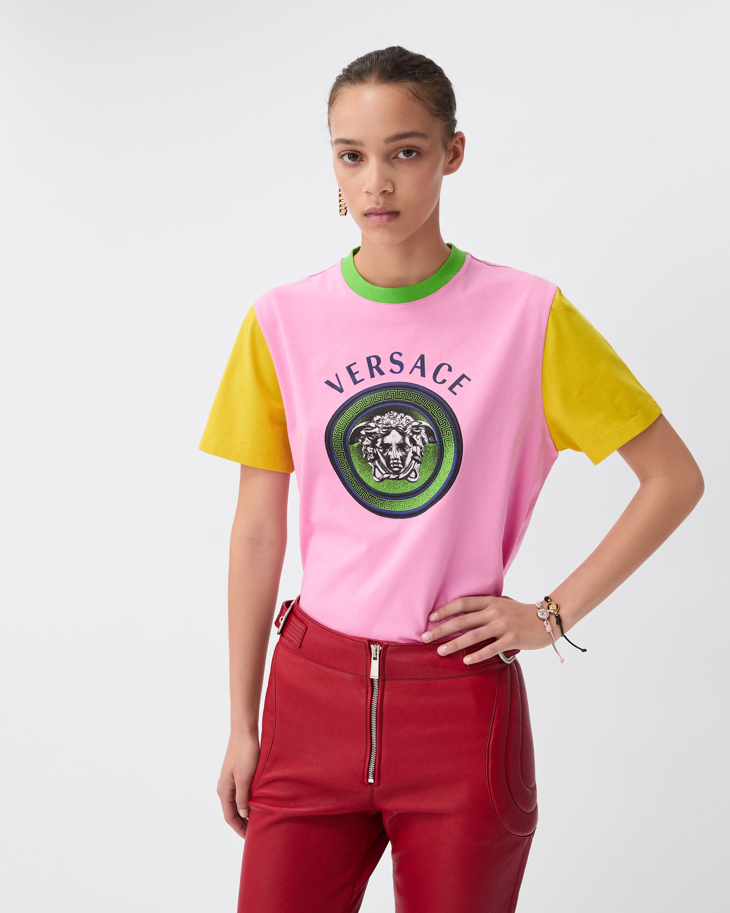 Printed Cotton-Jersey T-Shirt Pink | VERSACE US