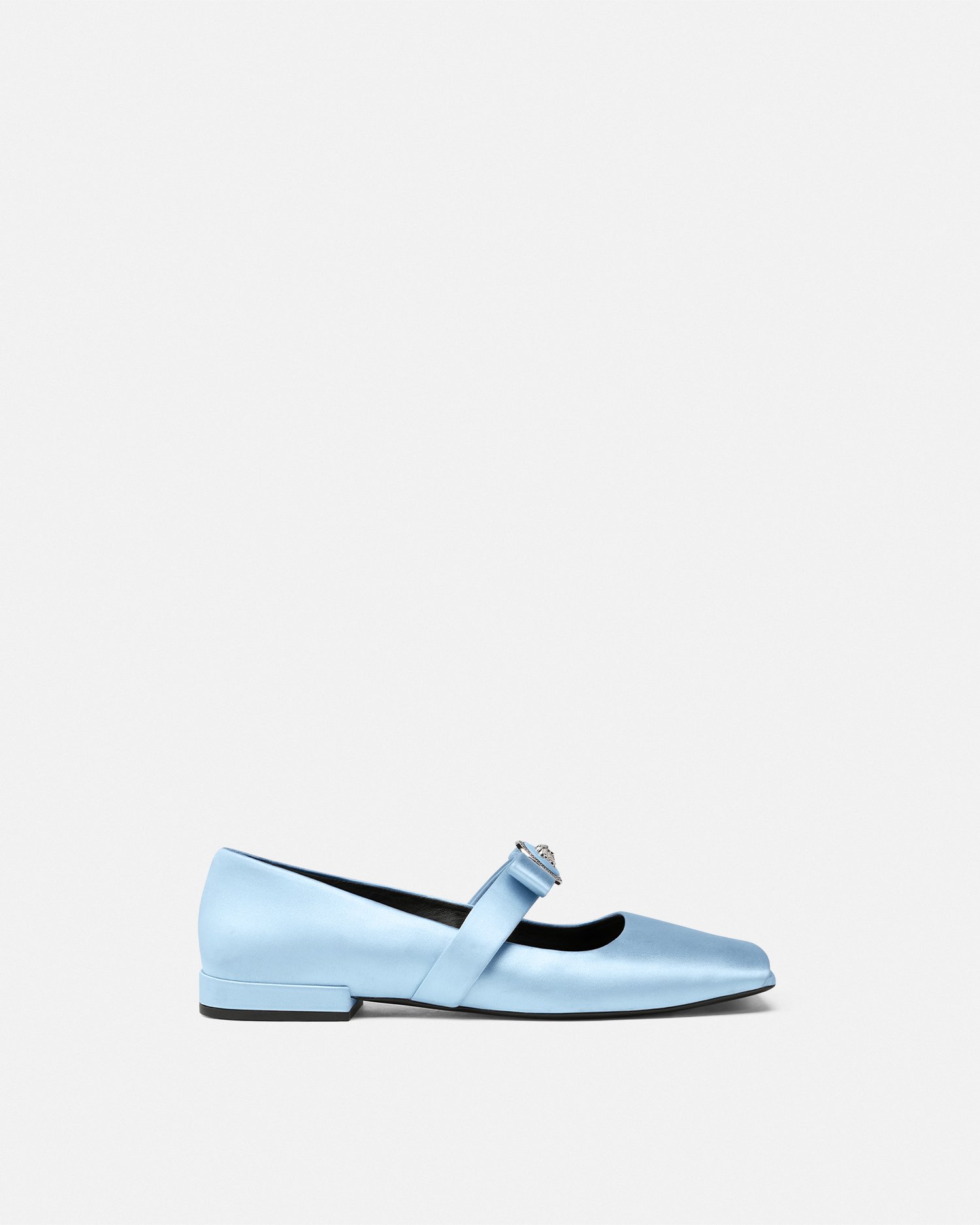 Versace Gianni Ribbon Open Satin Ballerinas In Light Blue