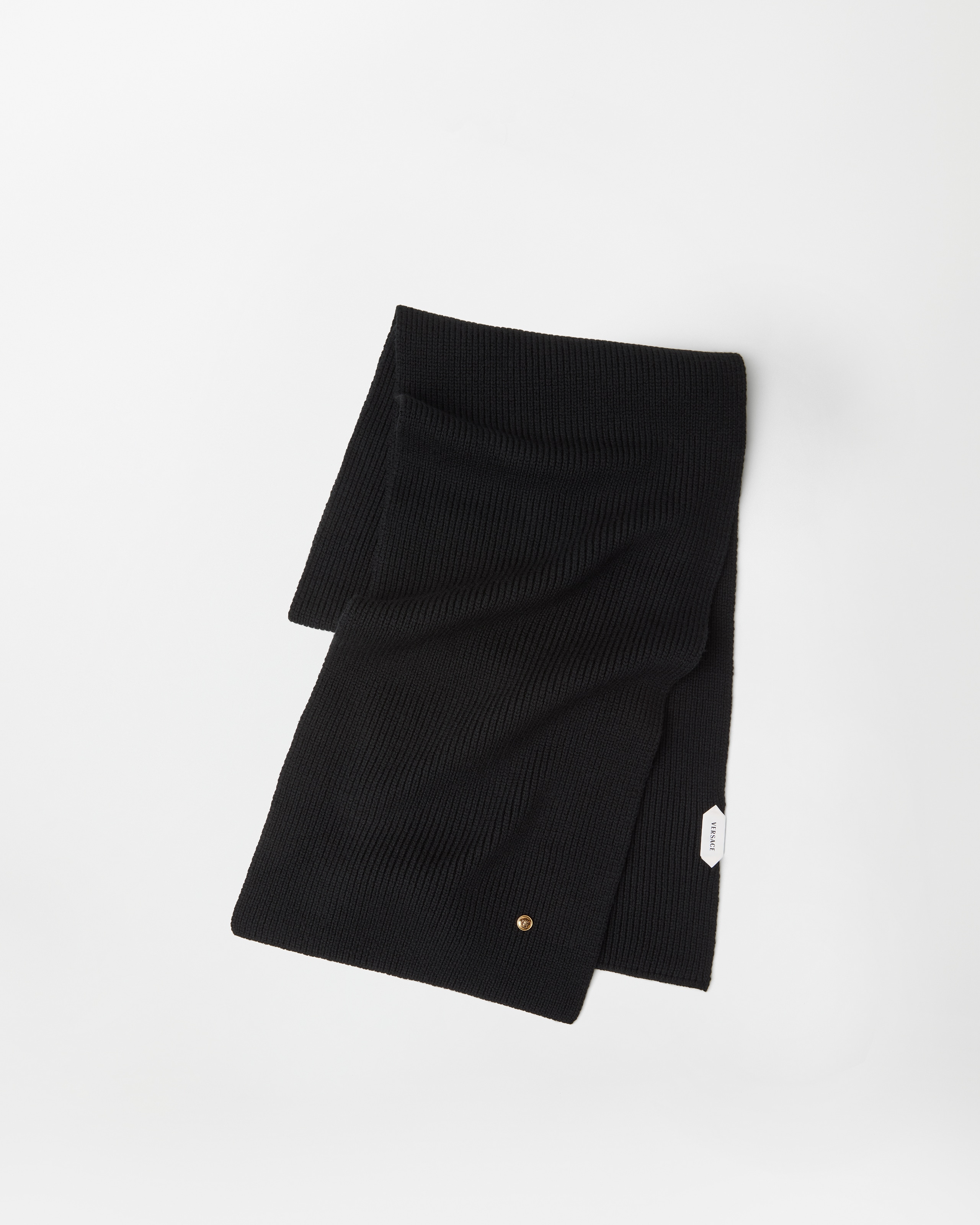 Versace Ribbed Wool Knit Scarf In Black