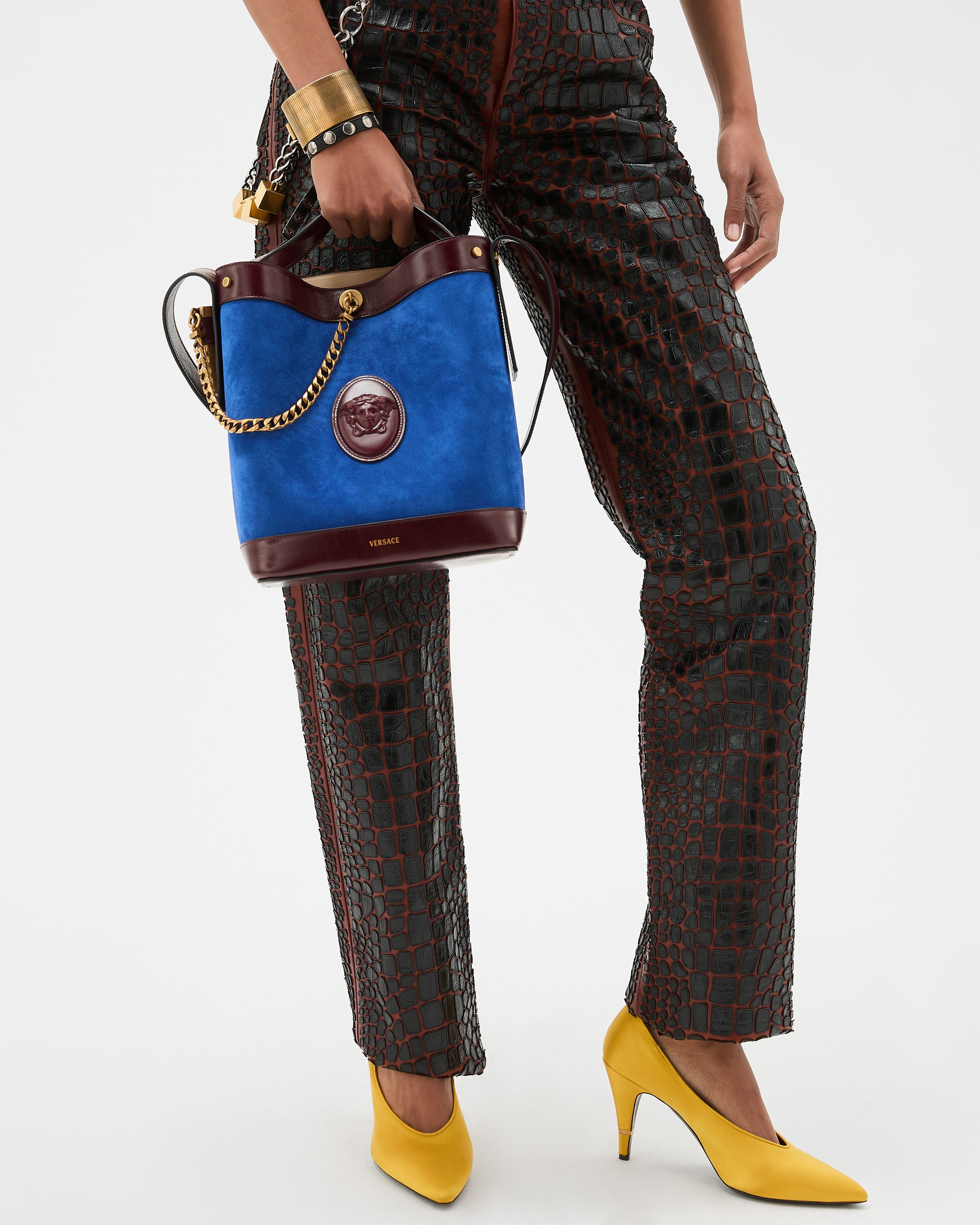 Pivot Small Suede Bucket Bag Blue,Brown | VERSACE