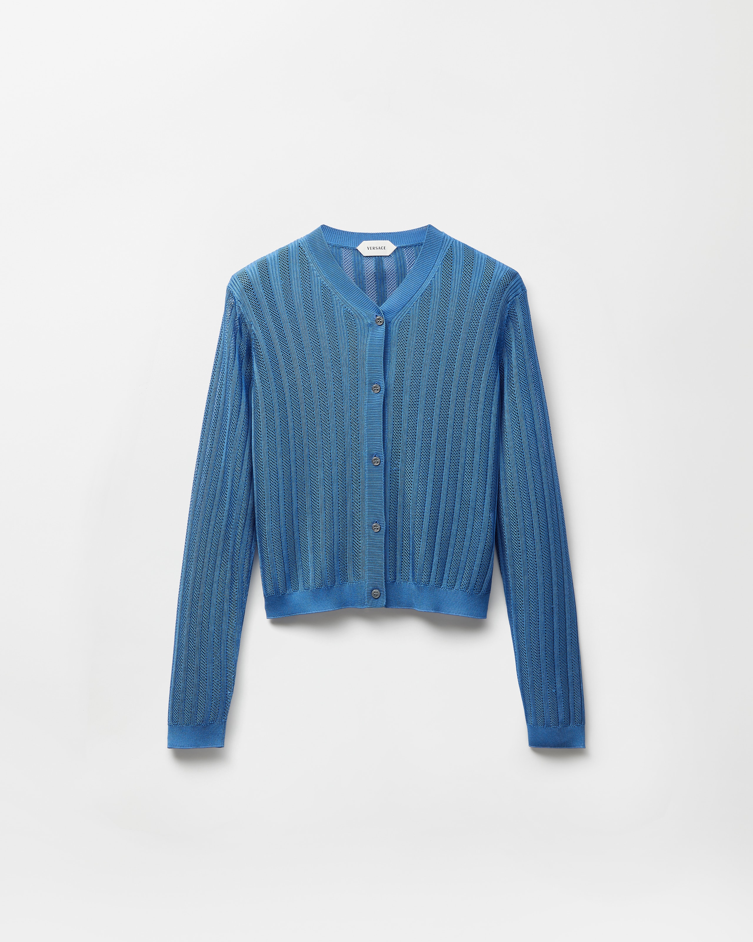 Versace Cardigan En Maille Viscose Côtelée Et Ajourée In Blue