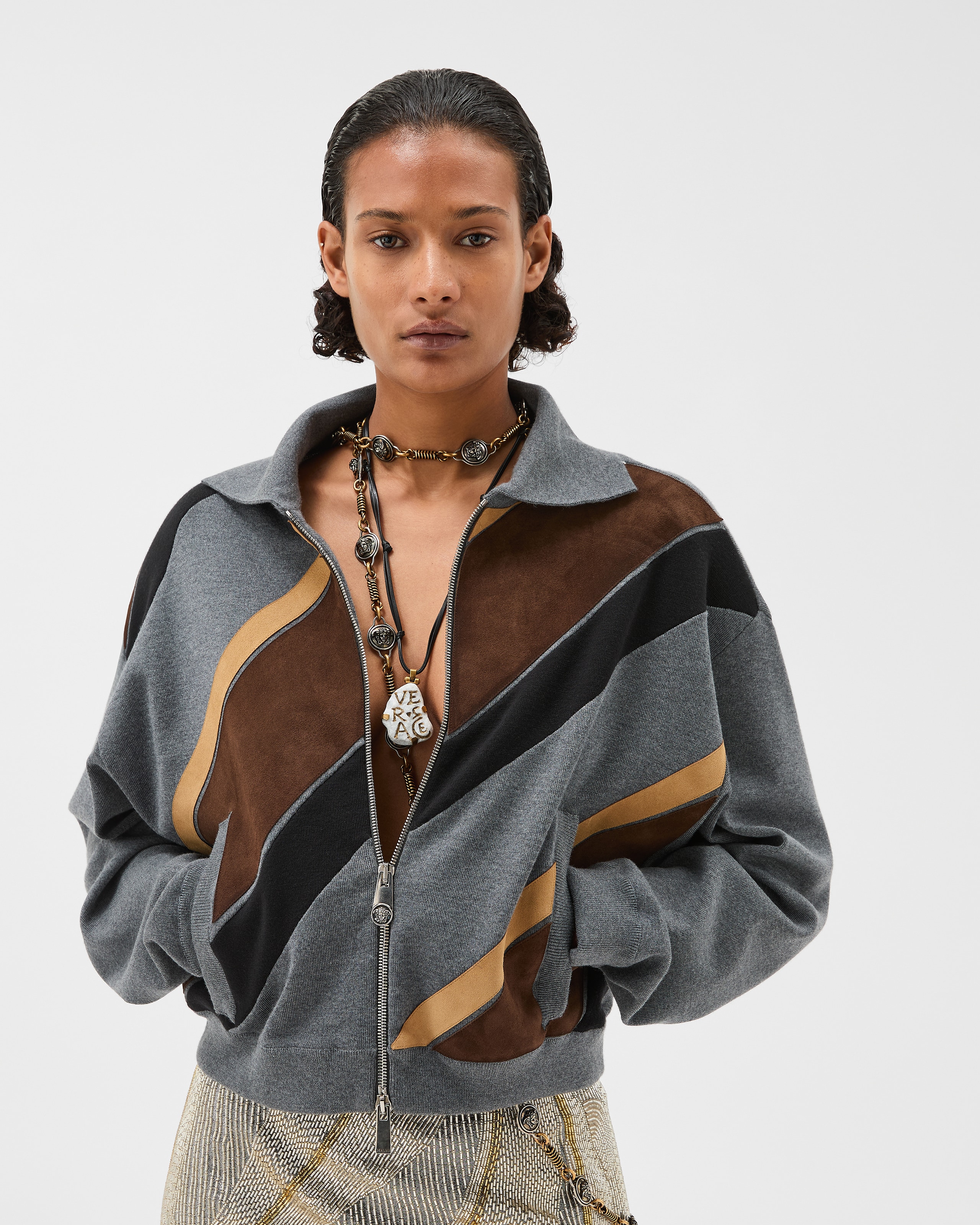 Versace Suede Patchwork Zip Jacket In Multi