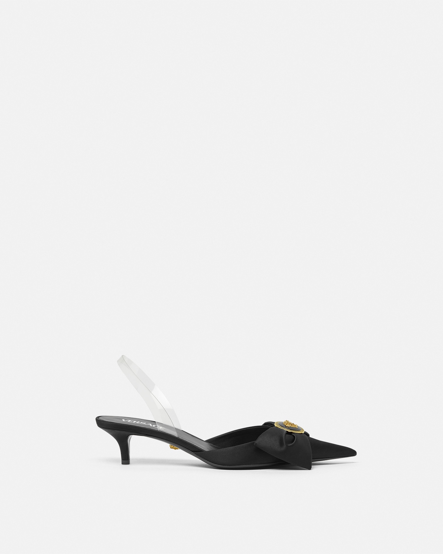 Versace Medusa Bow Embellished Rubber-trimmed Satin Slingback Pumps In Black+gold
