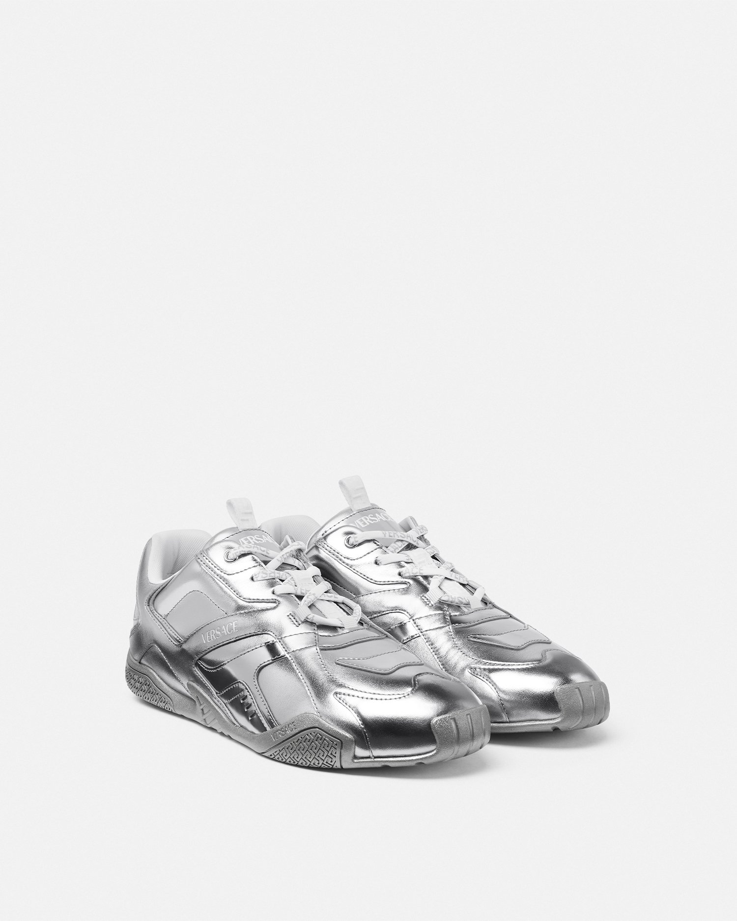 Versace Galaxia Metallic Leather Sneaker In Silver