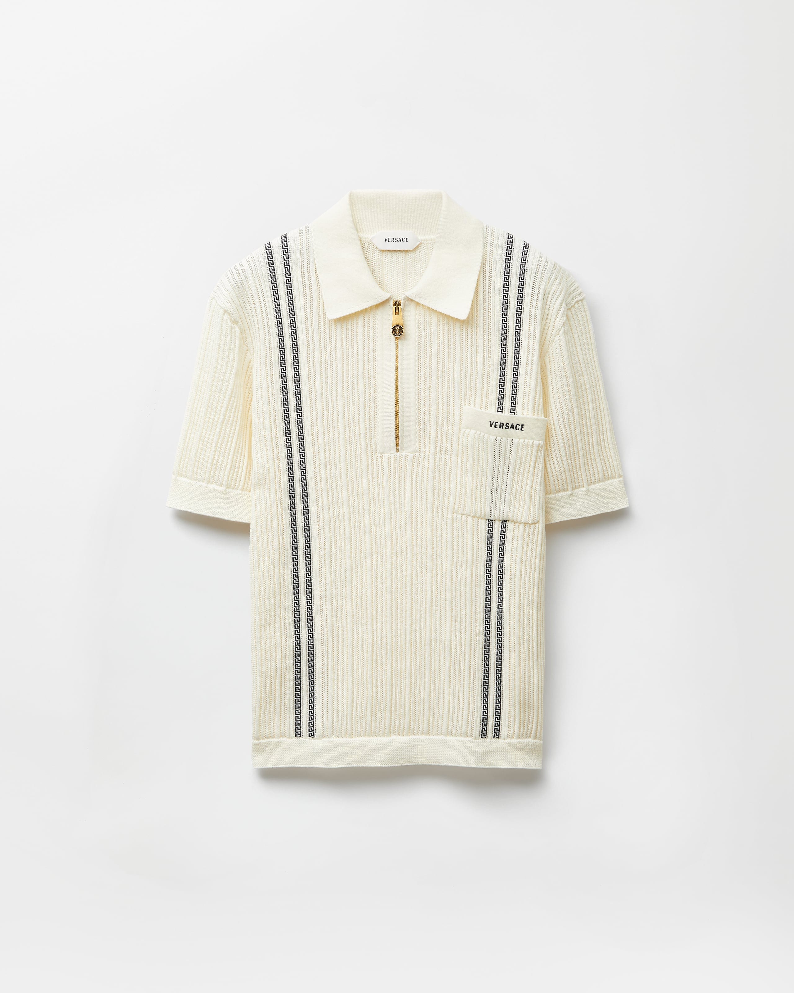 Embroidered Logo Cotton Knit Polo Shirt White | VERSACE US