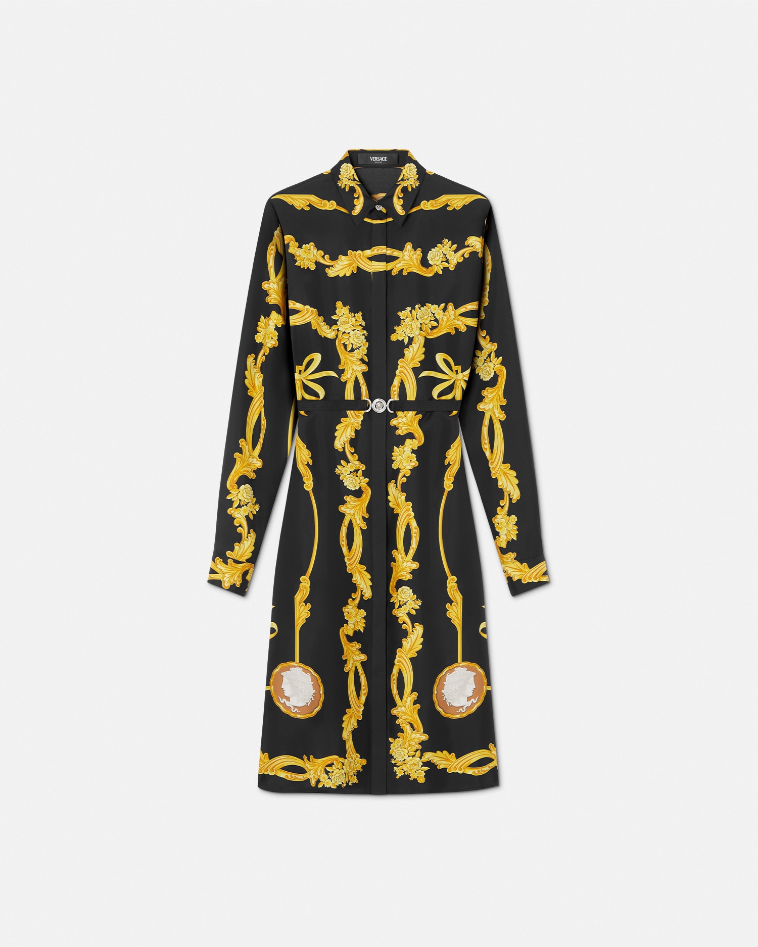 Versace Medusa Cameo Print Silk Dress In Black+print