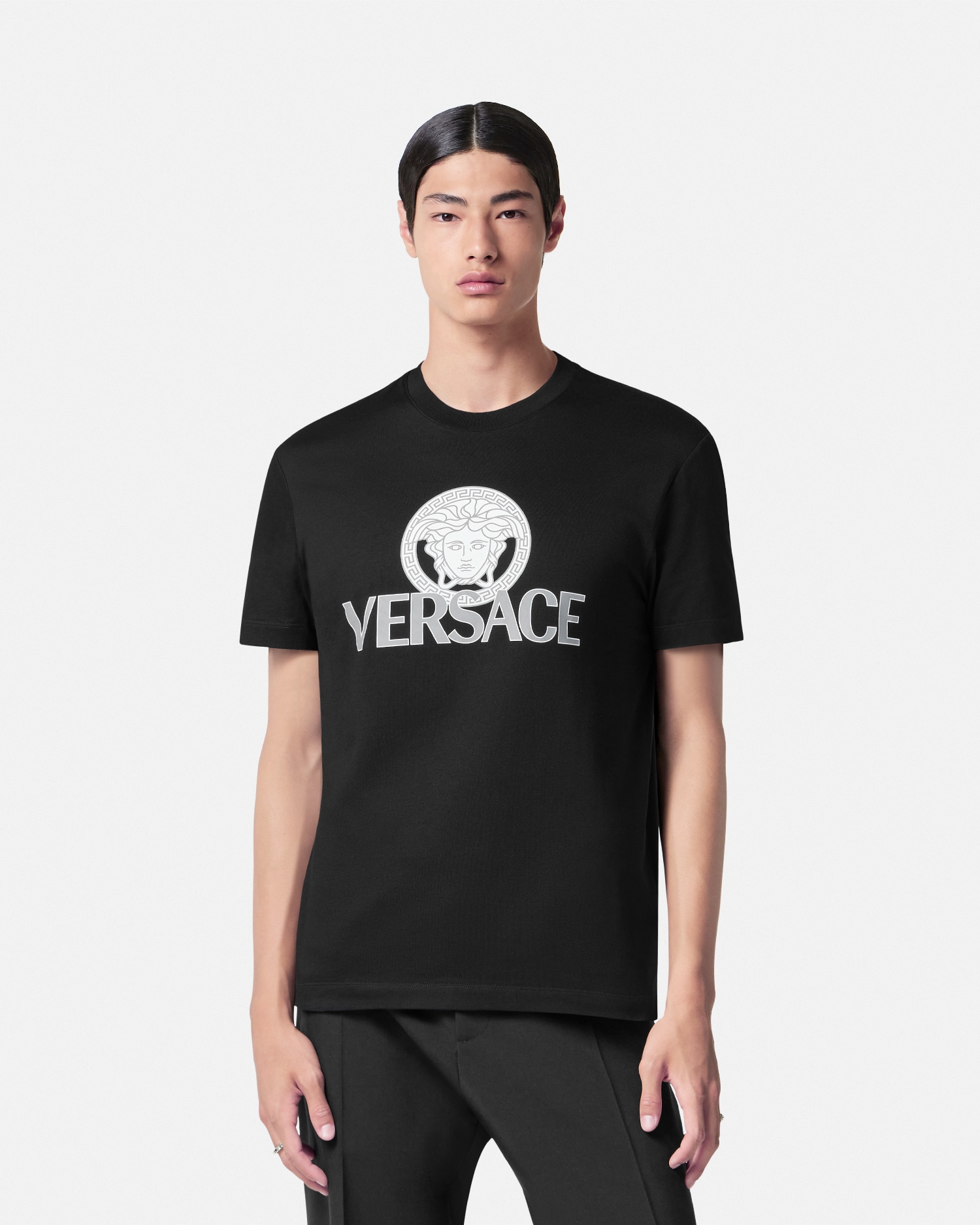 Printed Cotton-Jersey T-Shirt Black | VERSACE US