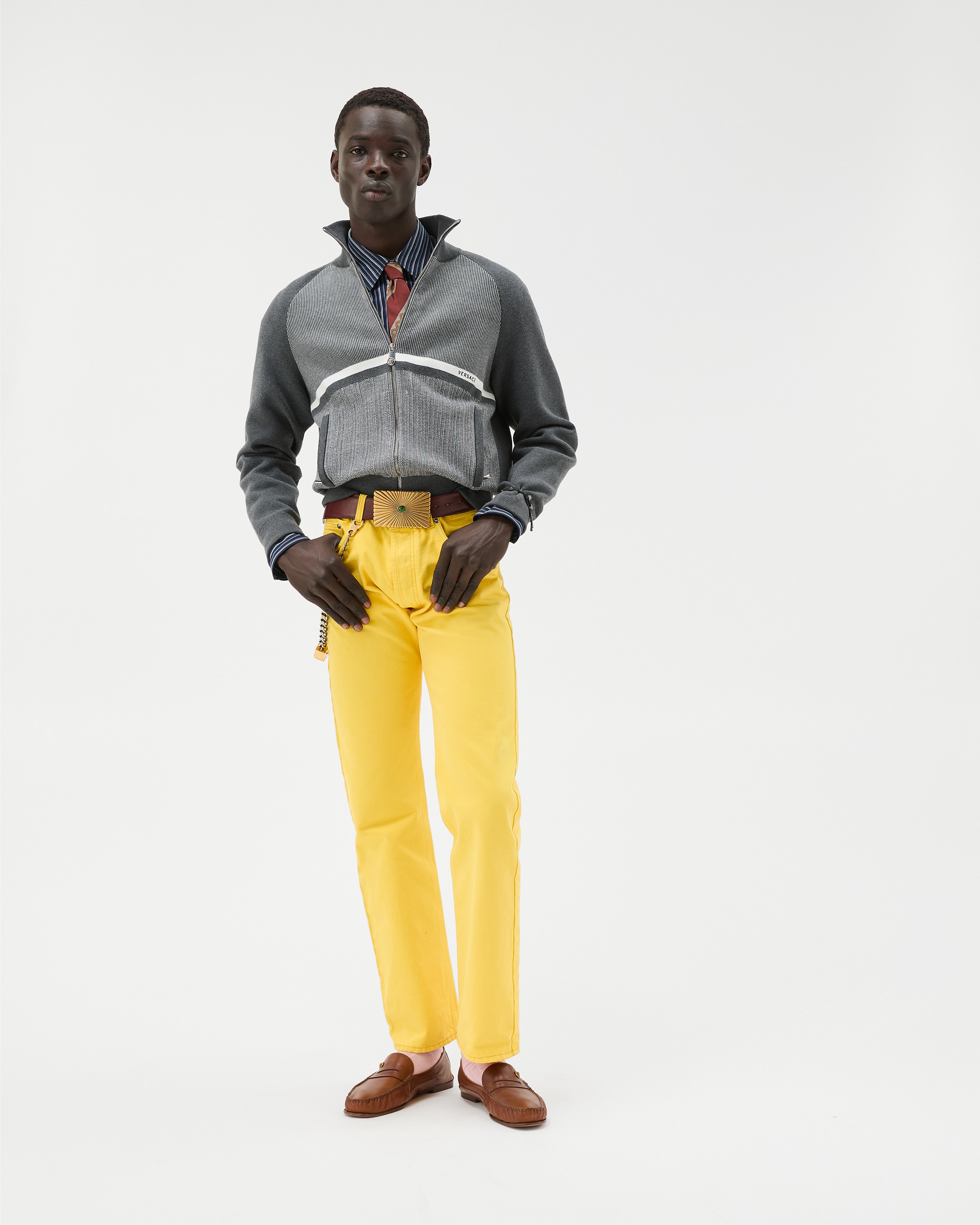 Embroidered Jacquard Cotton Knit Zip Sweater Gray | VERSACE US