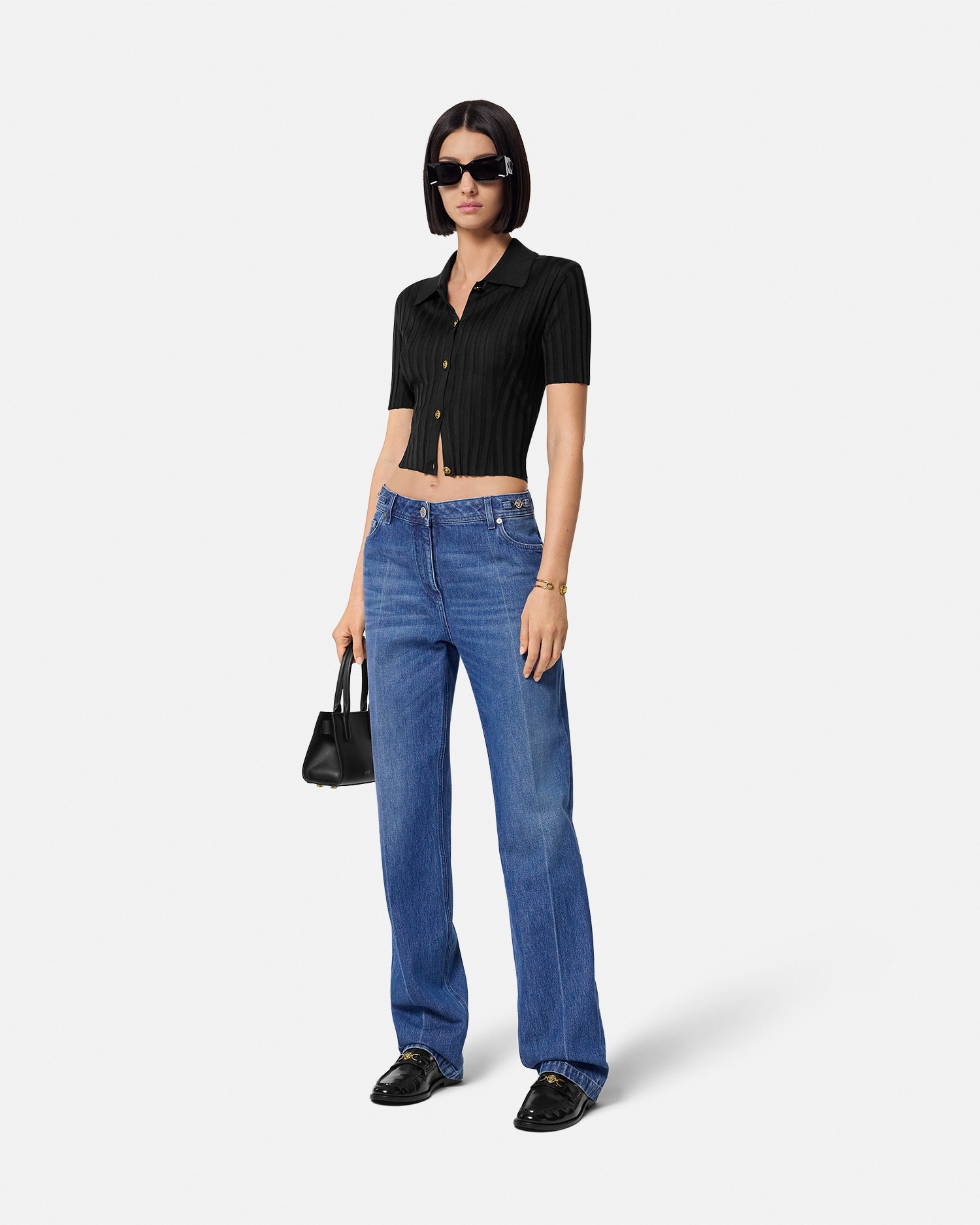 Versace Ribbed Knit Shirt Collared Neck In Black