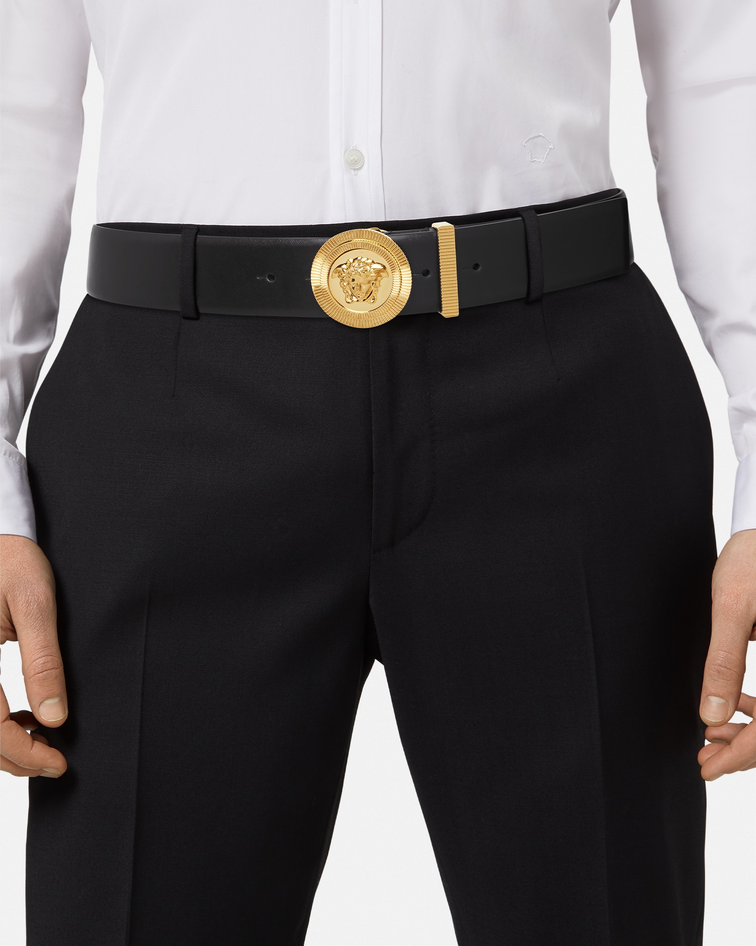 Medusa Biggie Leather Belt 4 cm Black,Gold | VERSACE US