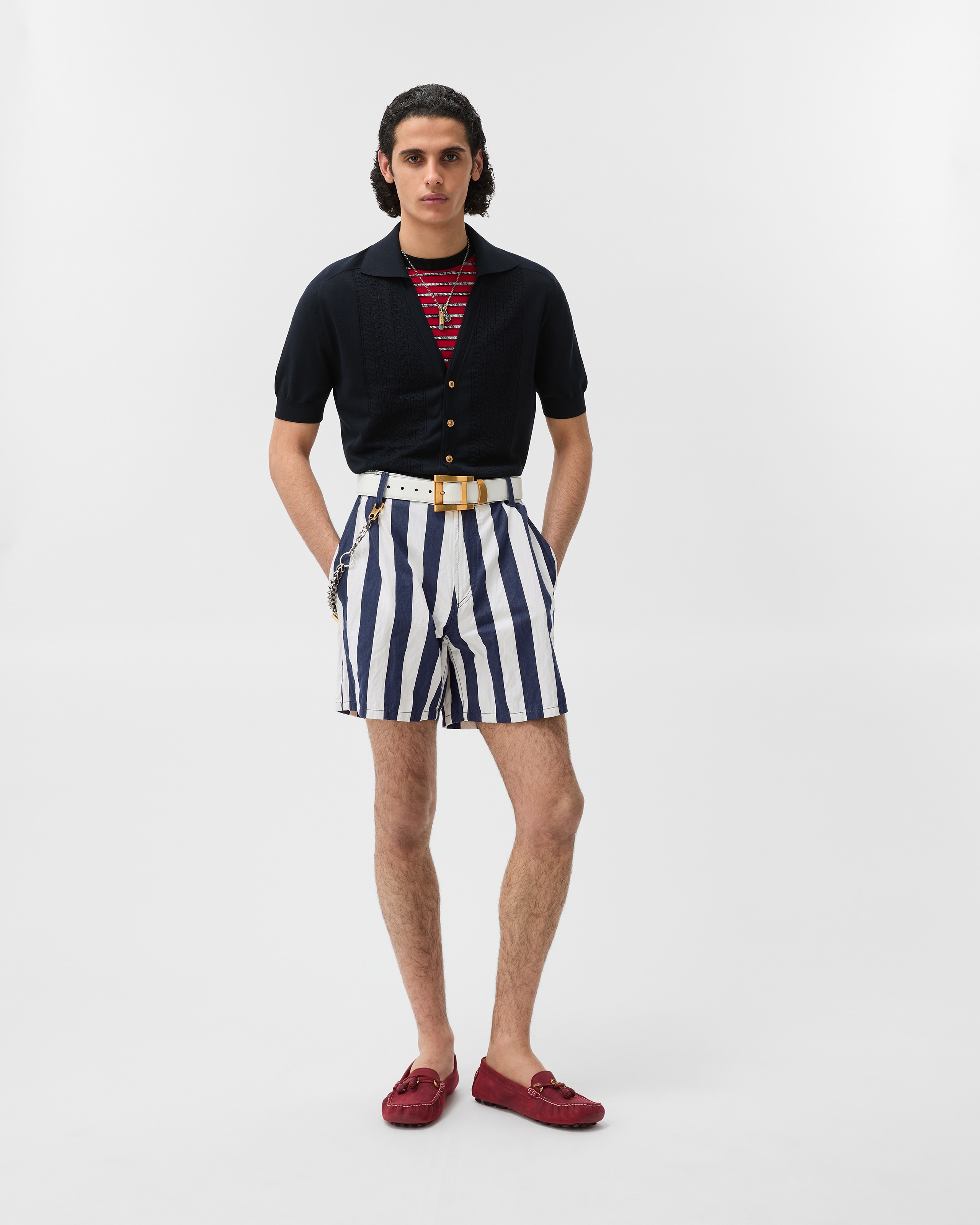 Striped Cotton Denim Shorts White,Blue | VERSACE US