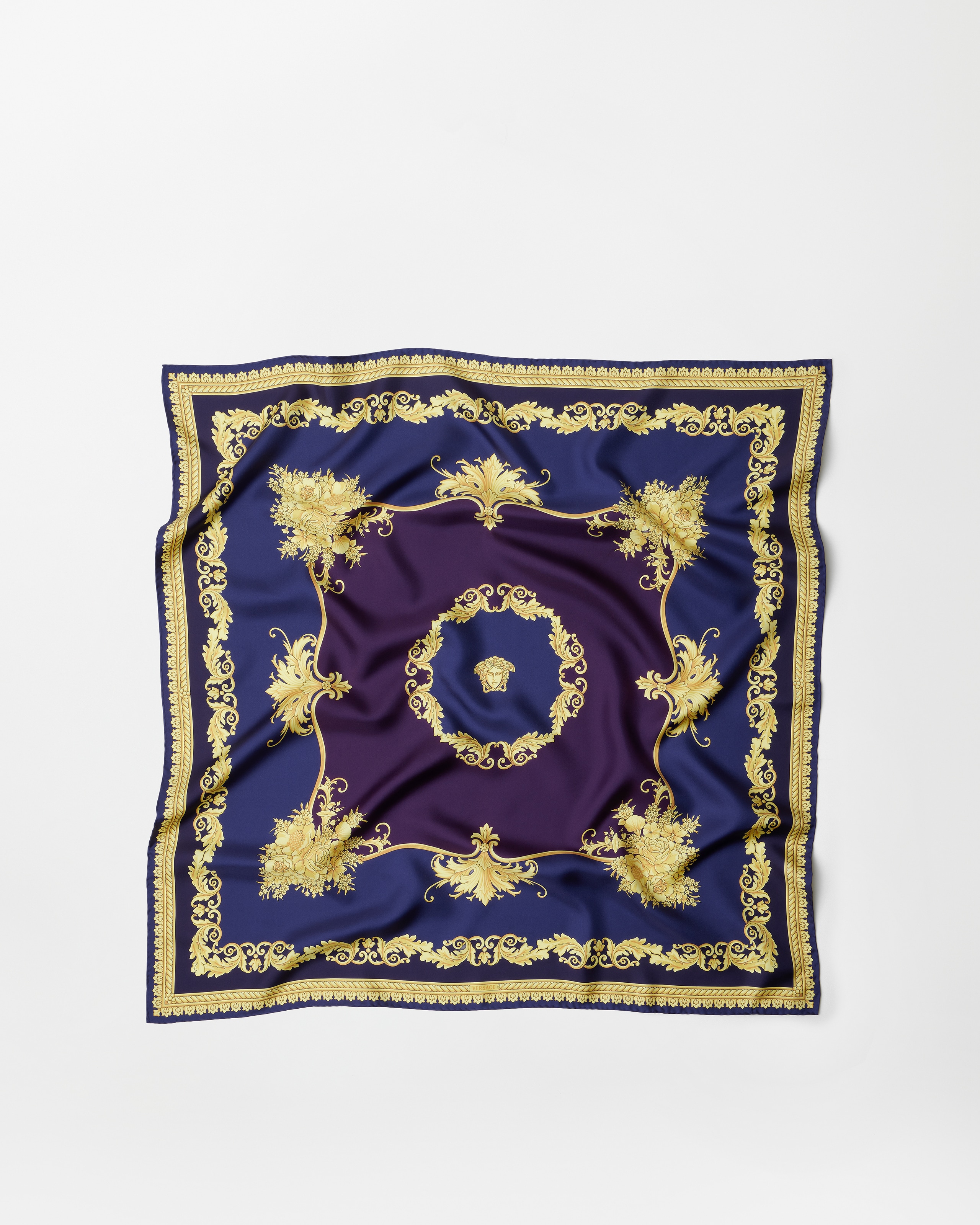 Versace Printed Silk Twill Scarf 90 Cm In Purple+gold