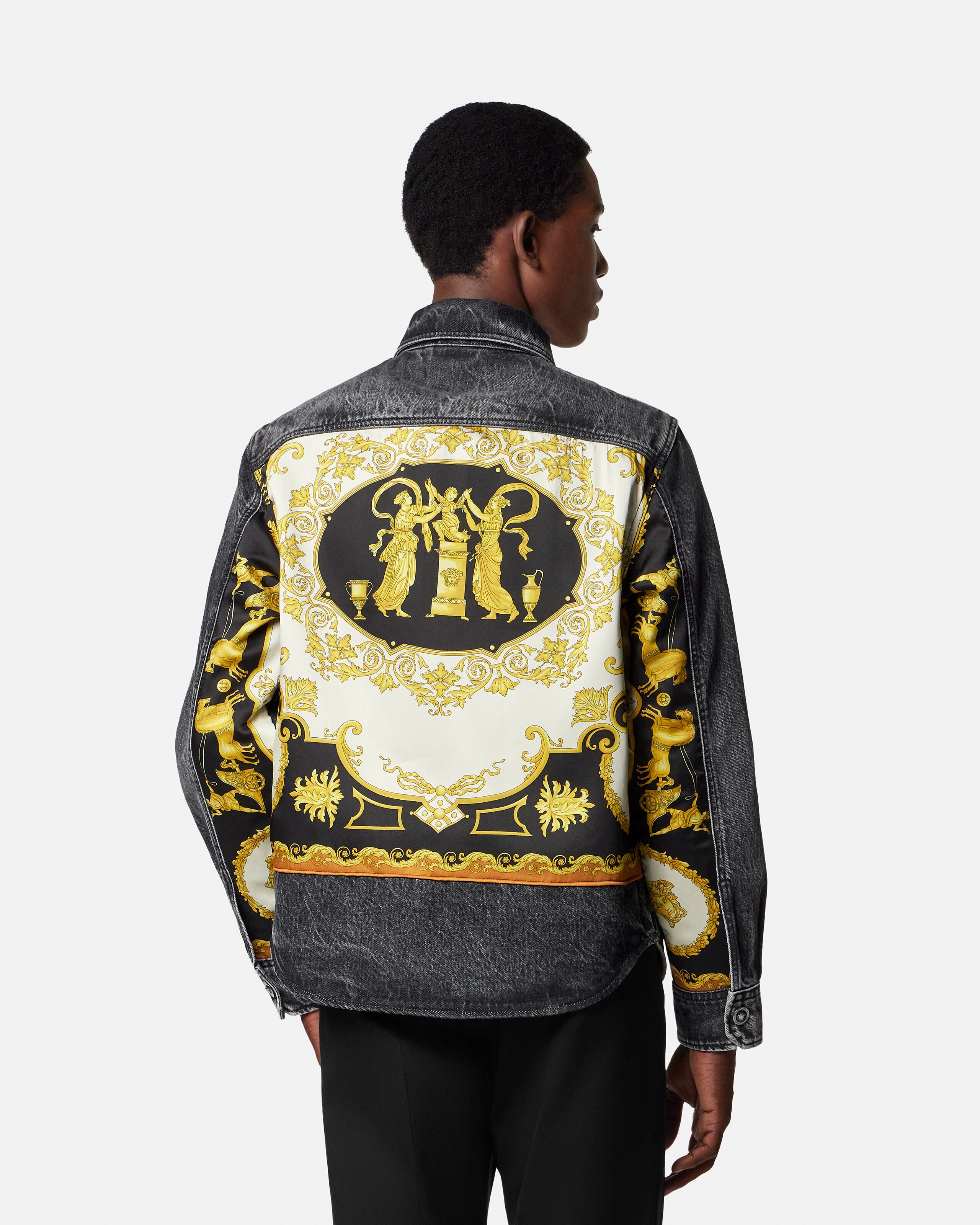 Printed-Foulard Denim Overshirt Black,Gold | VERSACE