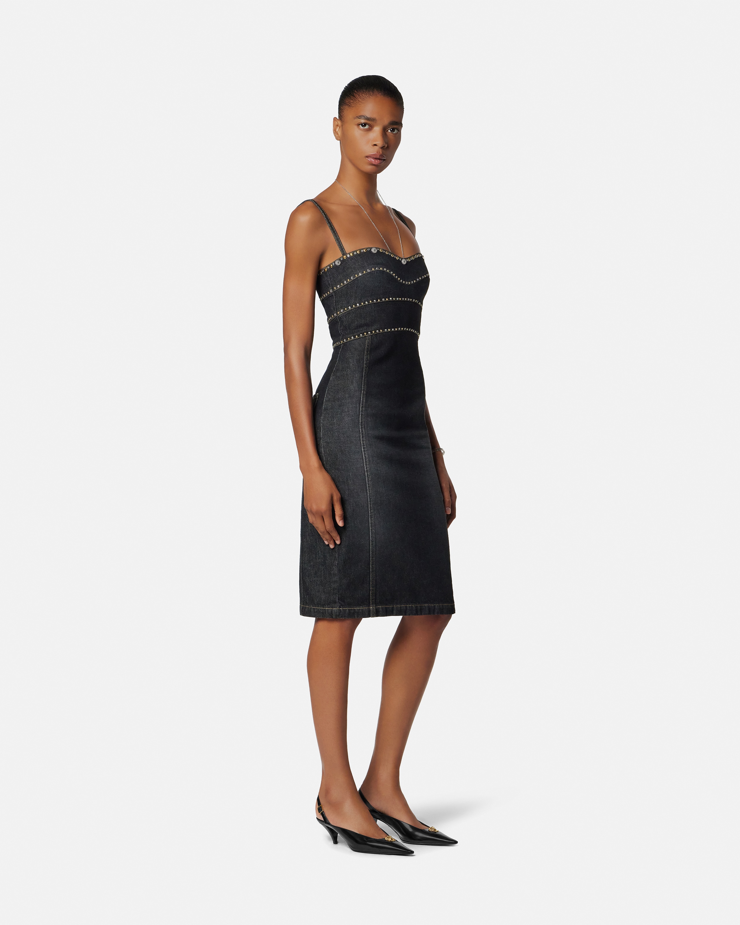 Embellished Denim Fitted Midi Dress