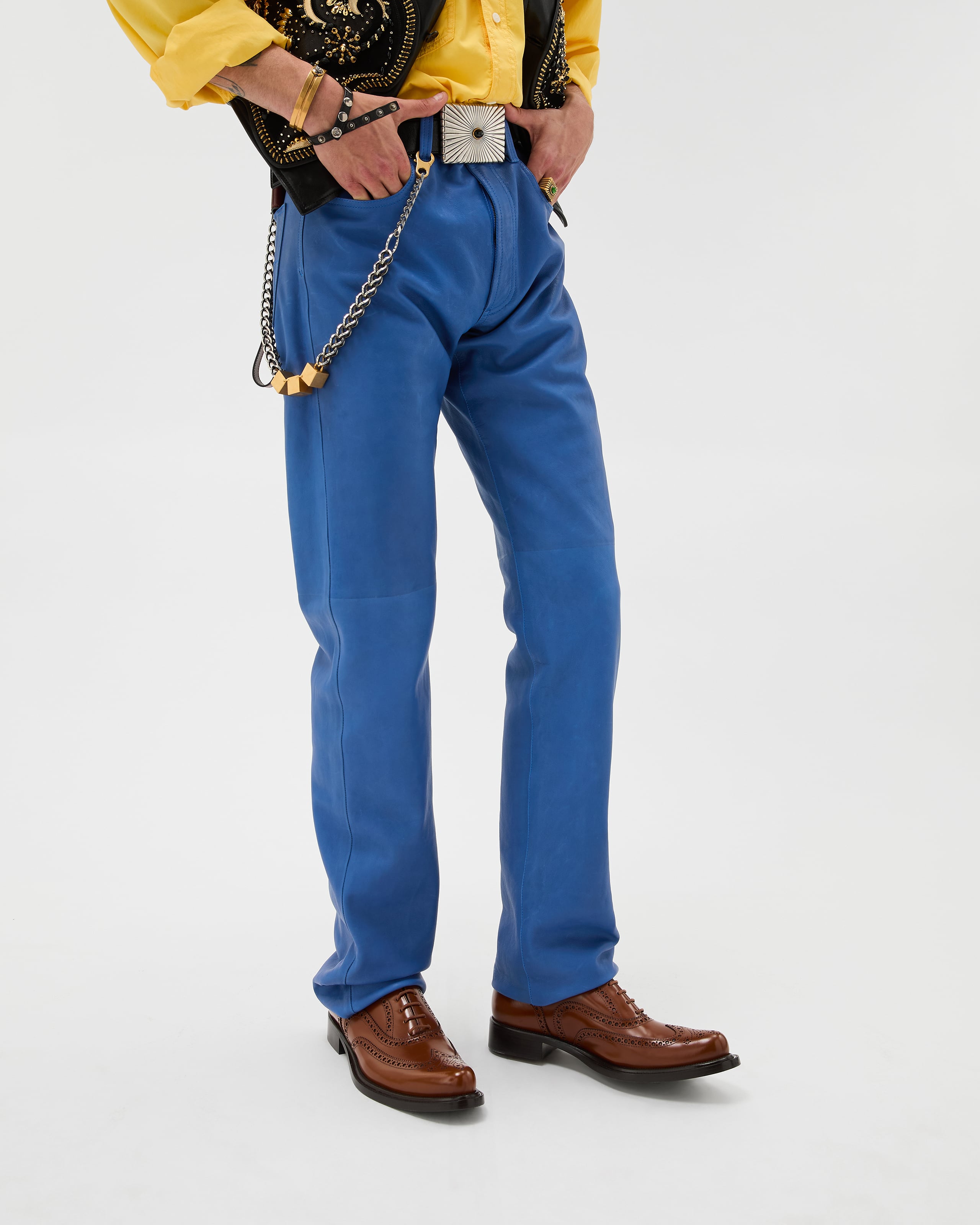 VERSACE ネイビーレザー パンツ Leather Pants Blue | VERSACE US
