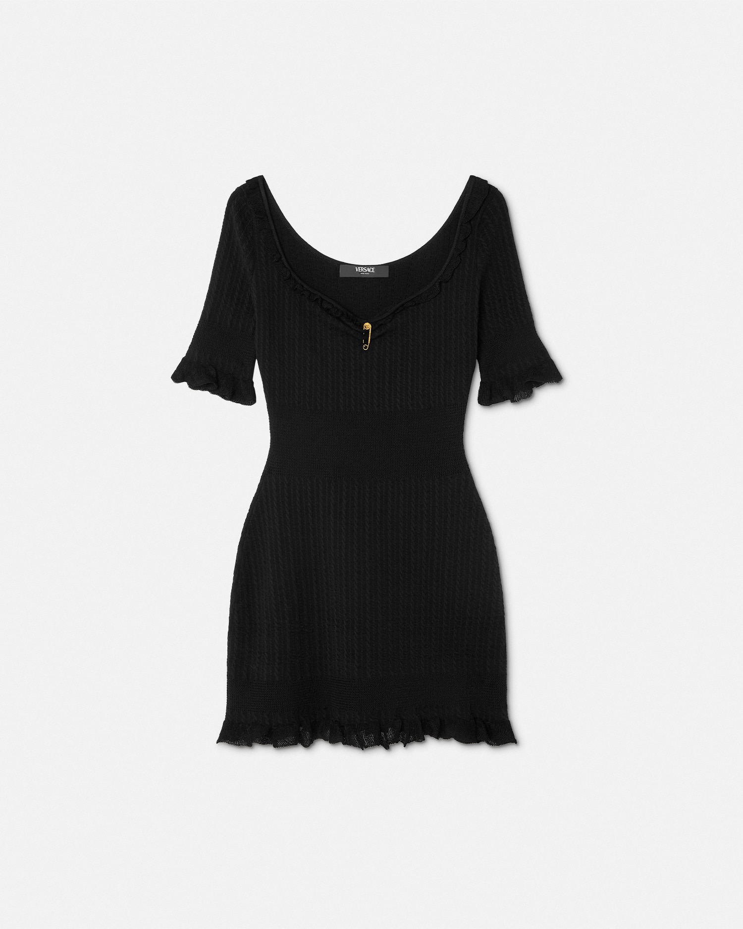 Versace Safety Pin Knit Flared Mini Dress In Black