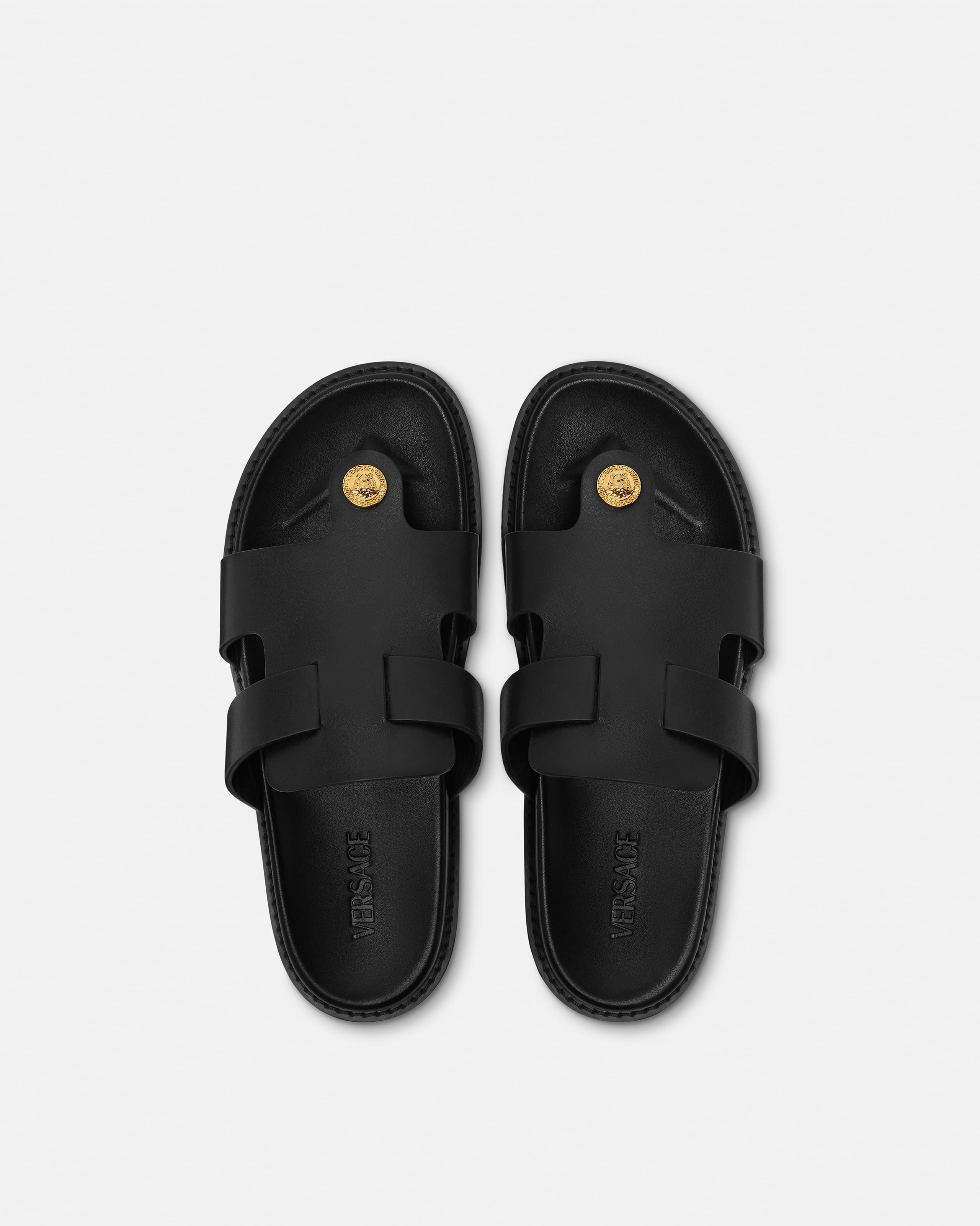 Leather Sandals Black,Gold | VERSACE US